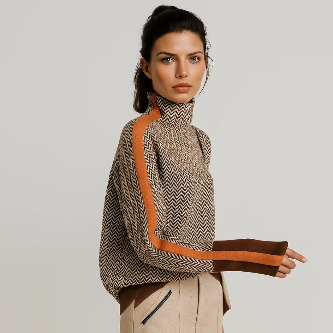 Women's chevron turtleneck jumper with contrast sleeve trims