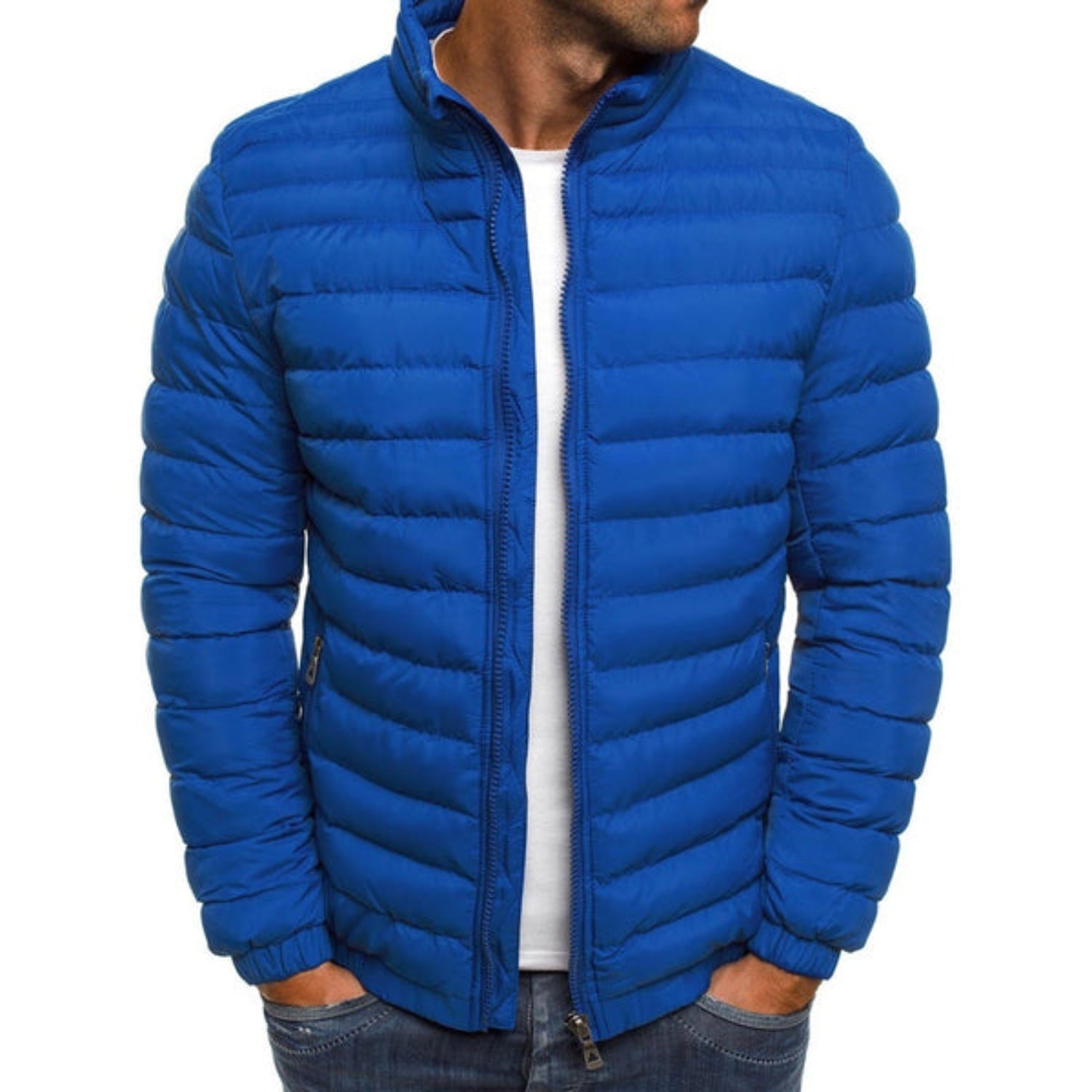 Men's Puffer Jacket Lightweight Stand Collar Zip - Blue