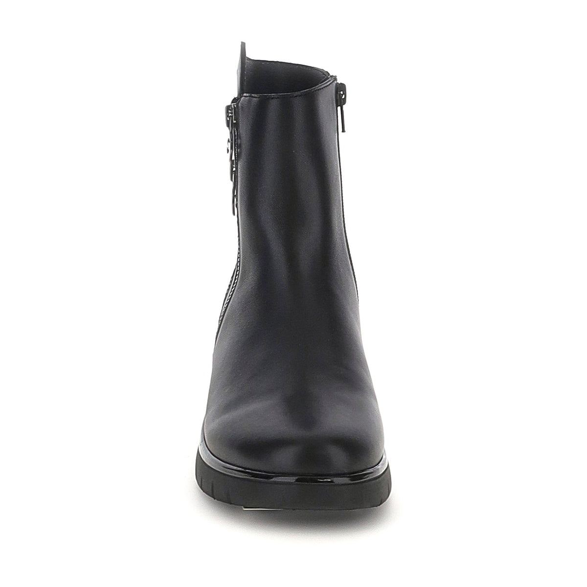 Black ankle boots with dual side zips and chunky platform soles