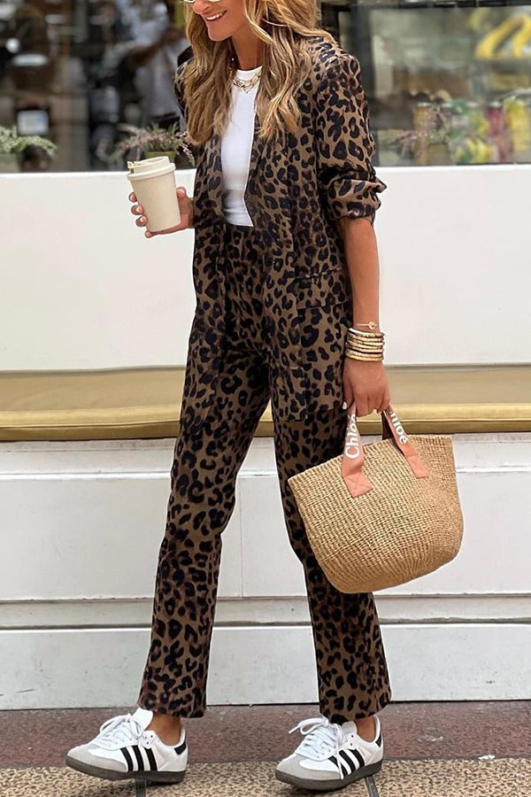 Women's leopard print blazer and trousers set with lapel collar and long sleeves