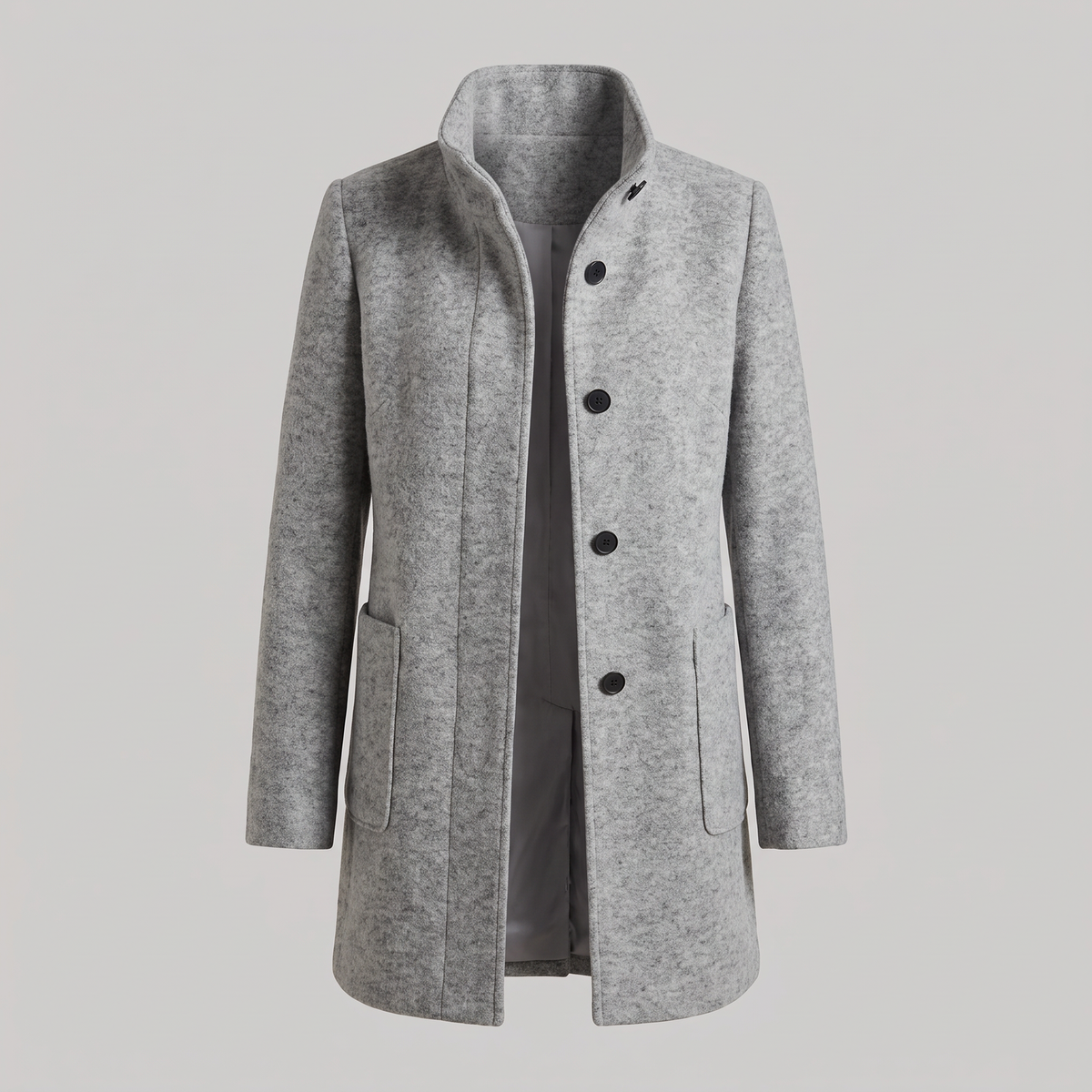 Women's longline coat with raised collar, button front and patch pockets