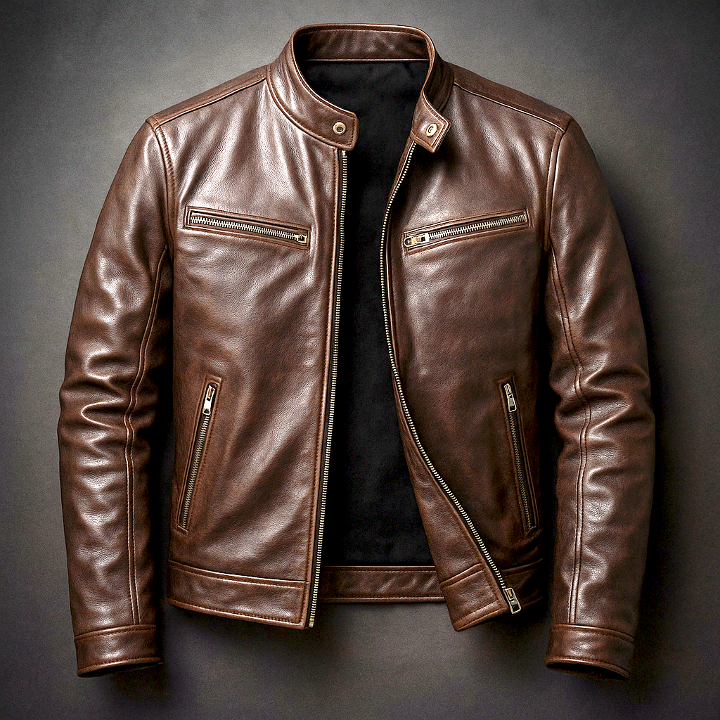 Men's Leather Jacket Slim Fit Band Collar - Brown