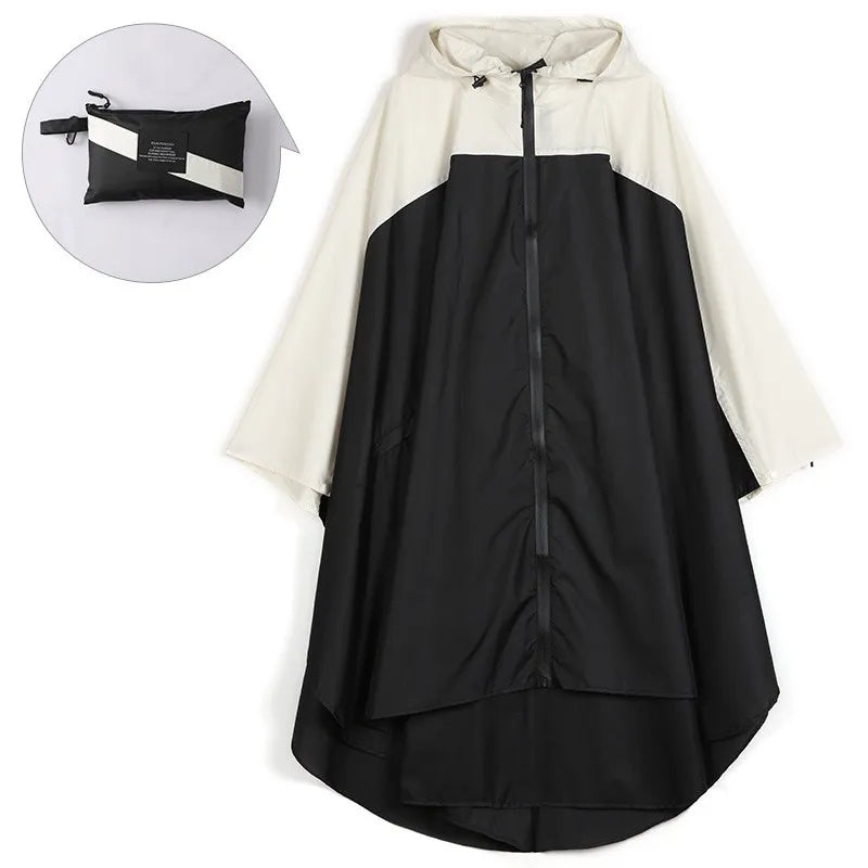 Women's Hooded Rain Poncho Two-Tone Zip - Black