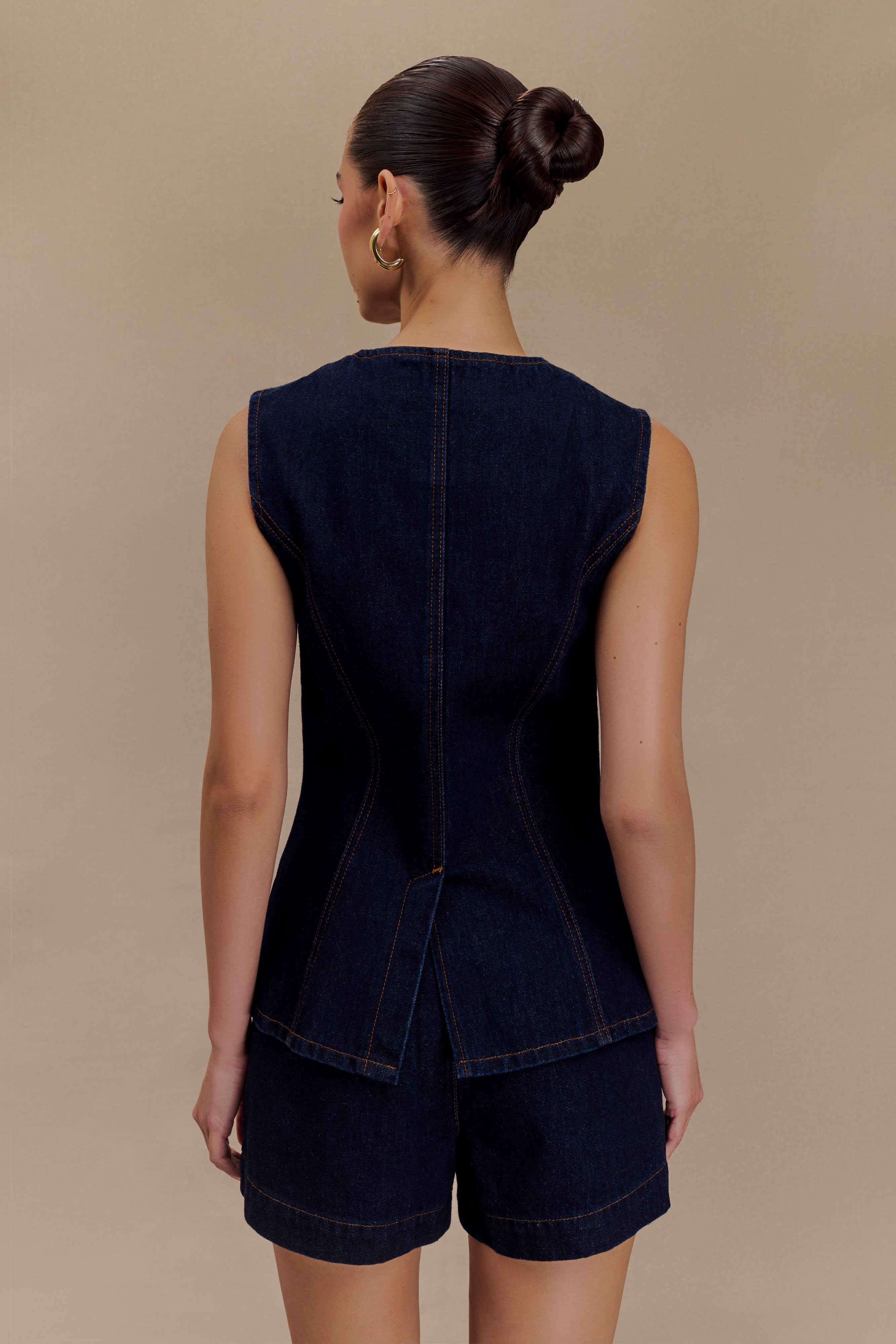 Women’s Sleeveless Denim Button-Up Top | Tailored Dark Wash Vest Top