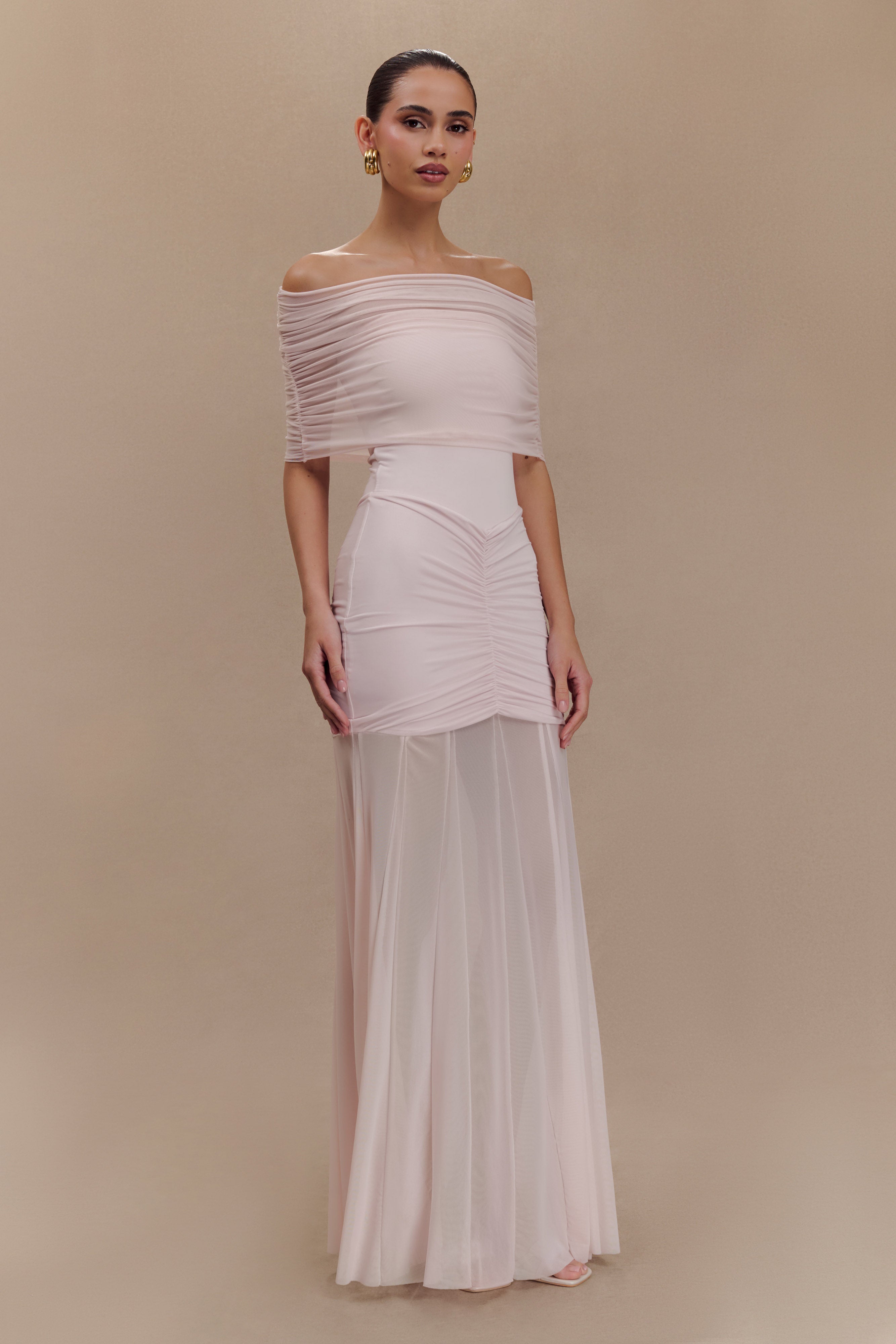 Women’s Off-Shoulder Mesh Maxi Dress | Ruched Slinky Evening Gown in Pale Pink
