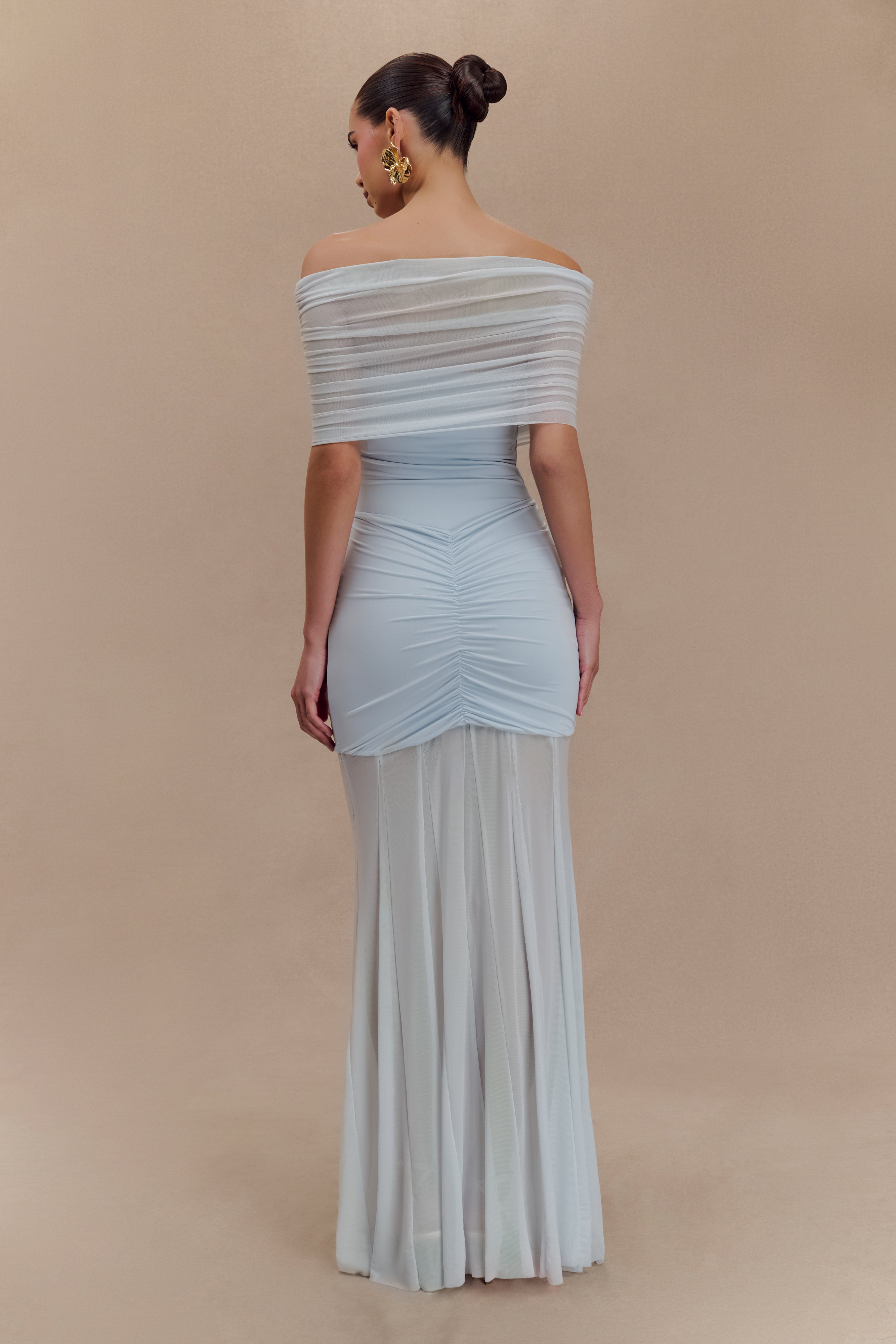 Women’s Off-Shoulder Ruched Mesh Maxi Dress | Pale Blue Evening Gown