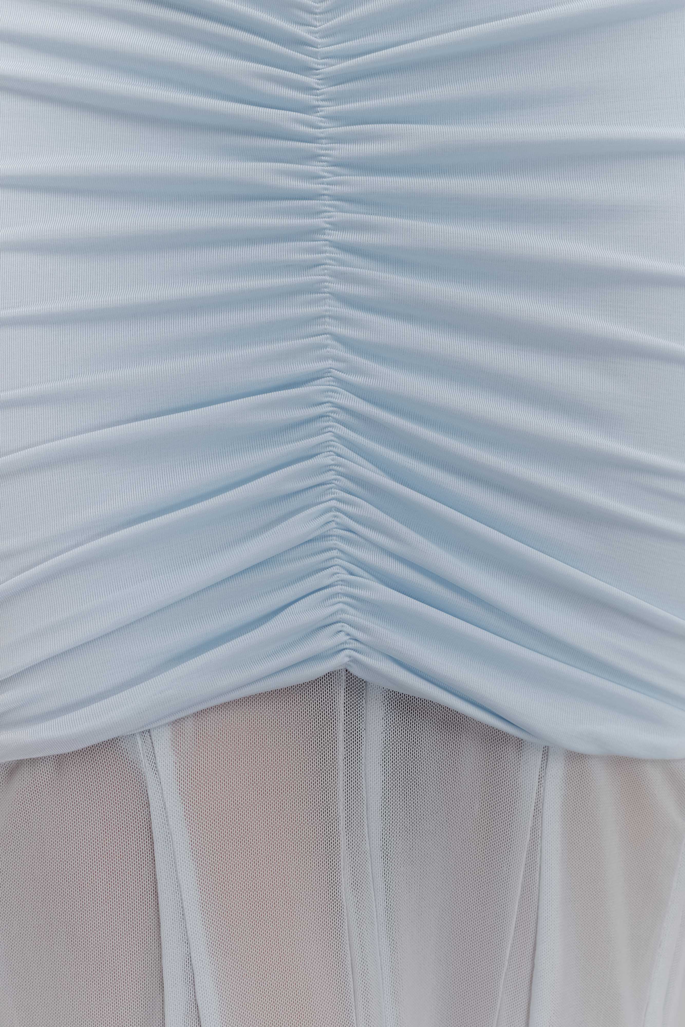 Women’s Off-Shoulder Ruched Mesh Maxi Dress | Pale Blue Evening Gown