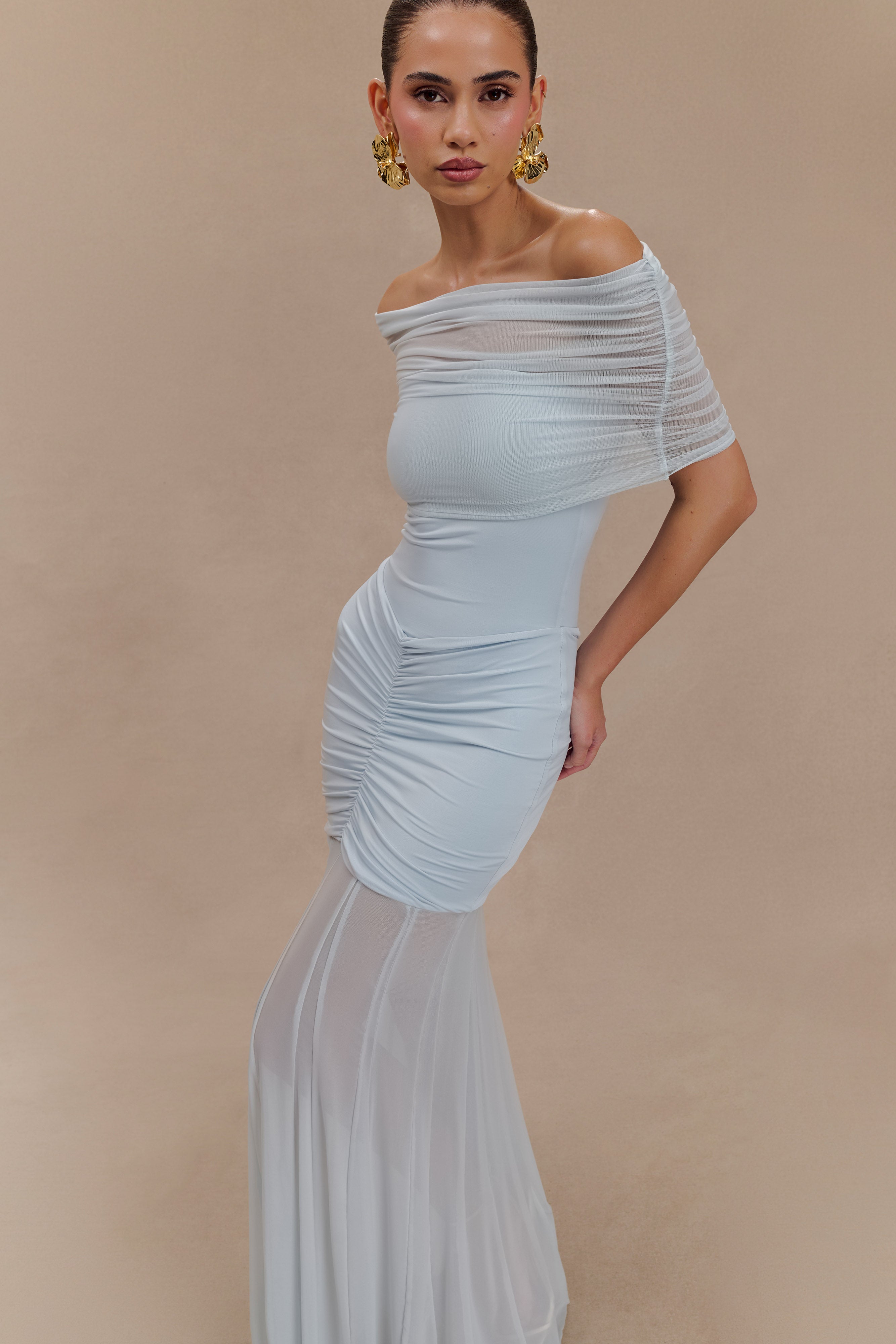 Women’s Off-Shoulder Ruched Mesh Maxi Dress | Pale Blue Evening Gown