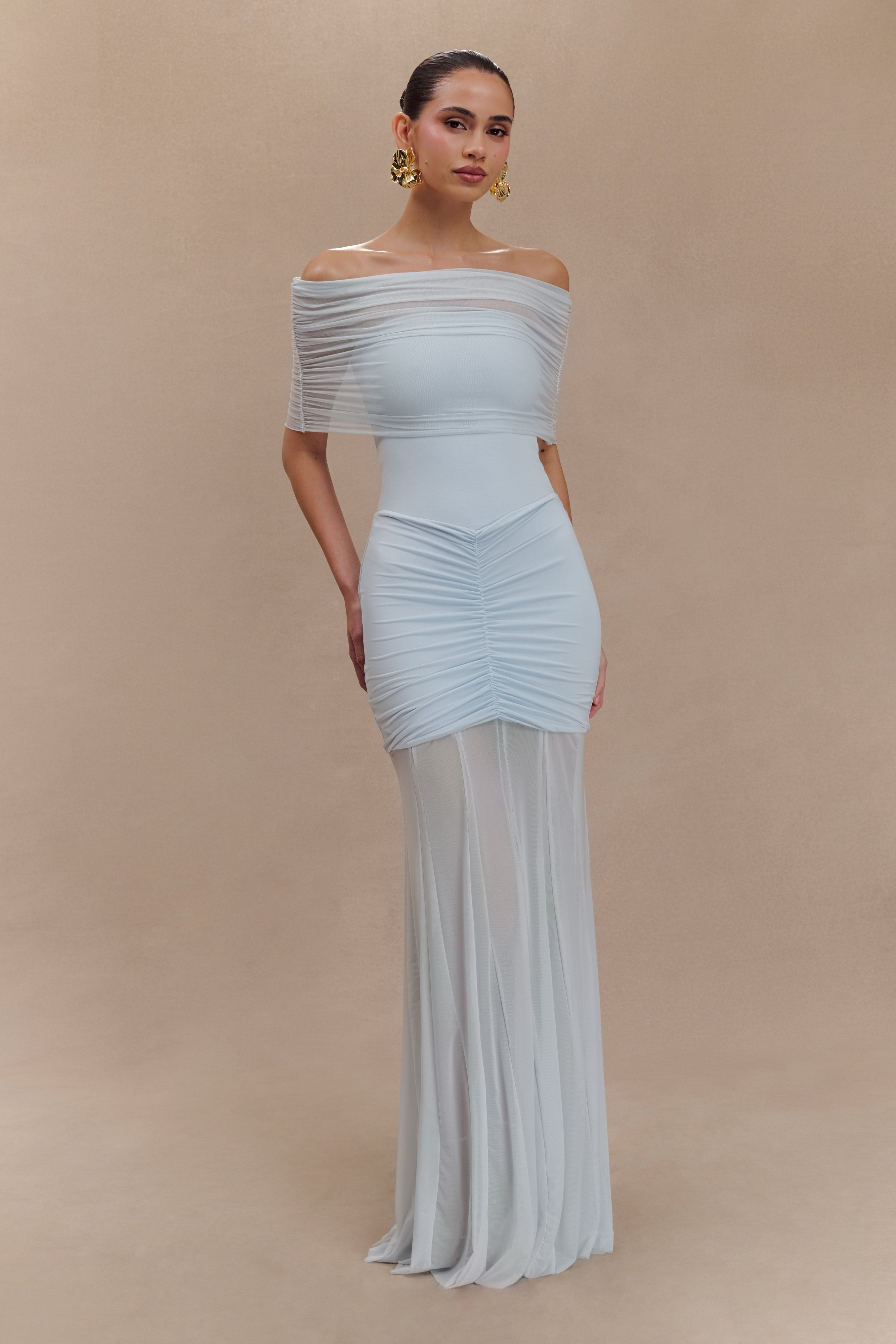 Women’s Off-Shoulder Ruched Mesh Maxi Dress | Pale Blue Evening Gown