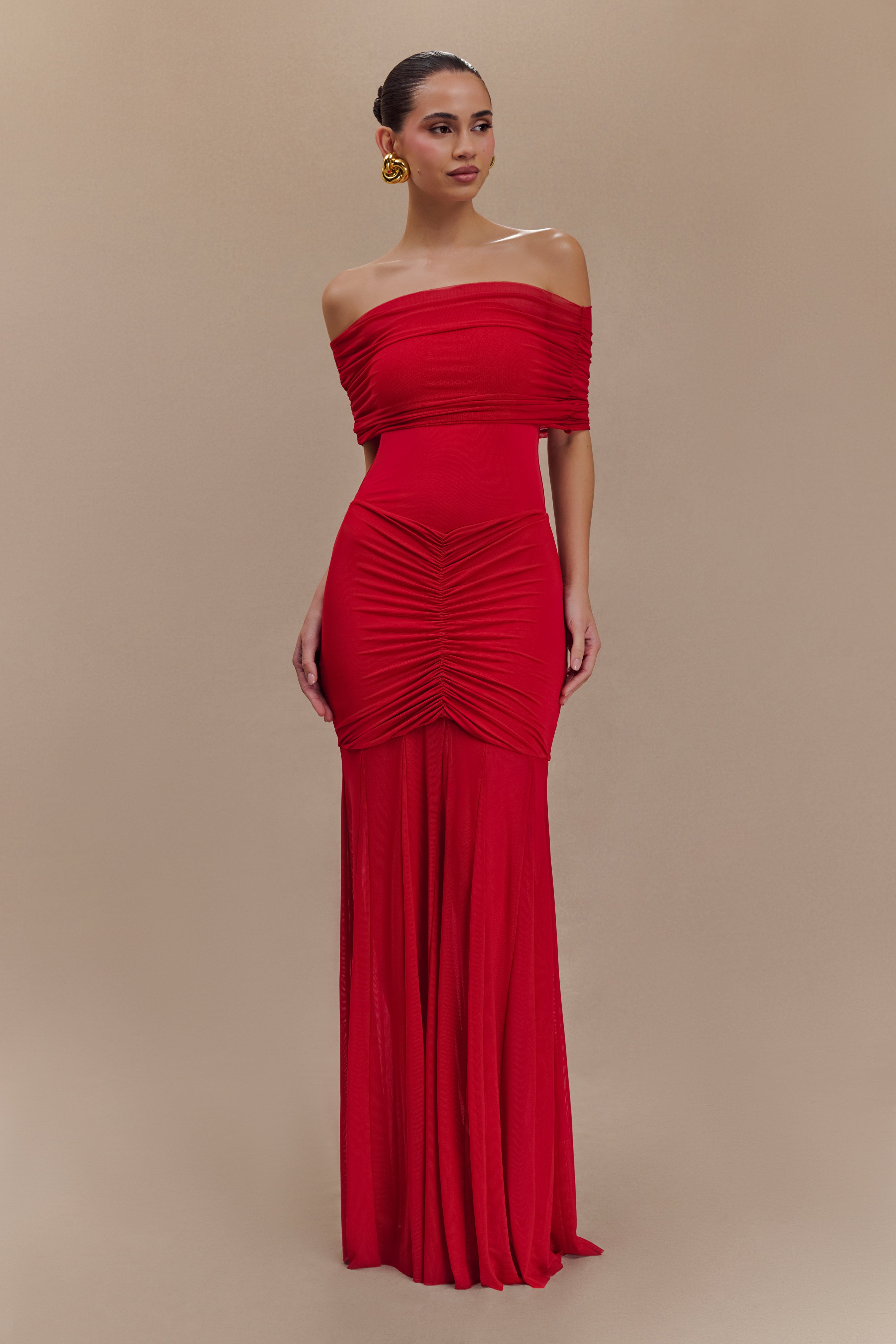 Women’s Off-Shoulder Ruched Maxi Dress | Ruby Mesh Evening Gown with Draped Bodice