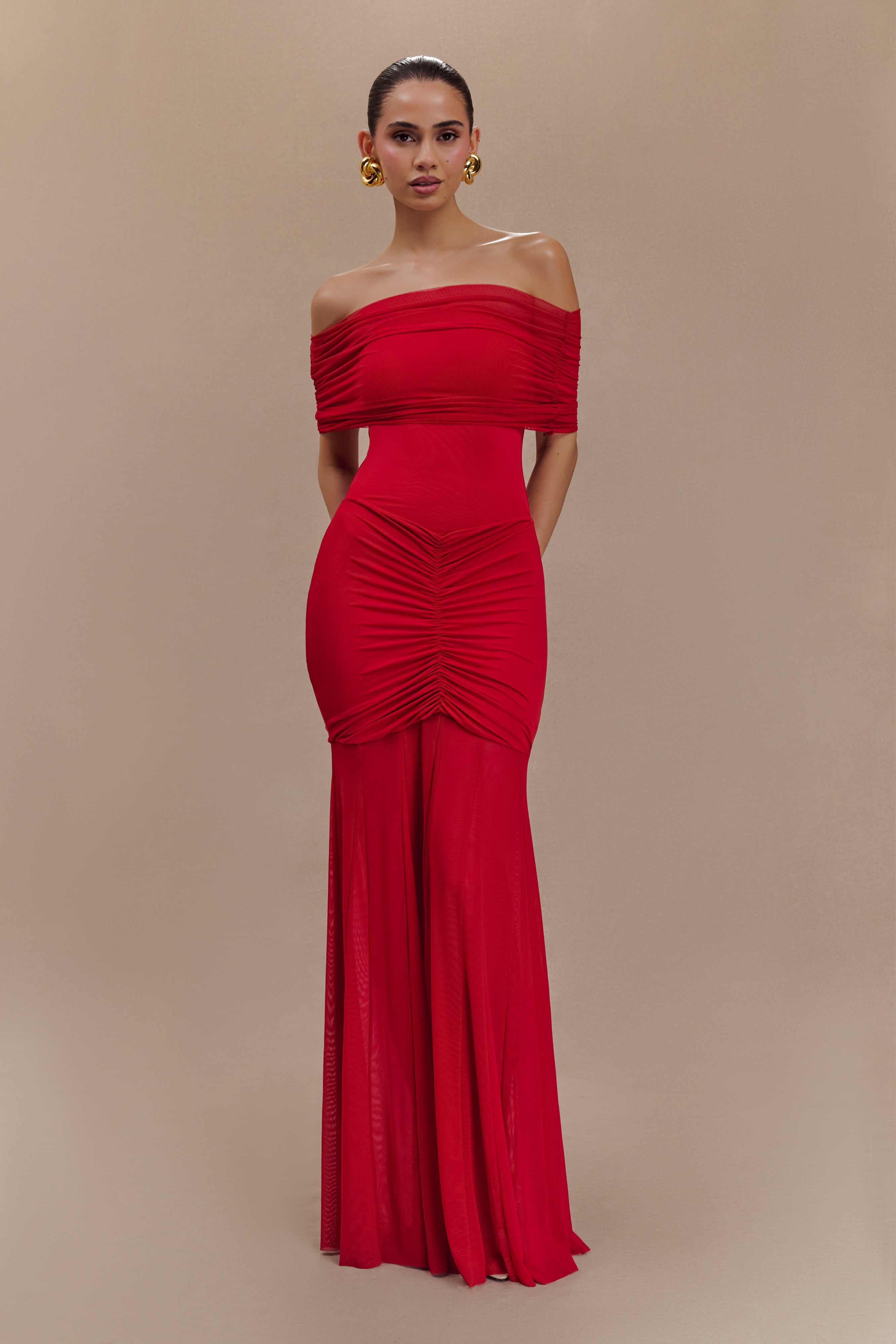 Women’s Off-Shoulder Ruched Maxi Dress | Ruby Mesh Evening Gown with Draped Bodice
