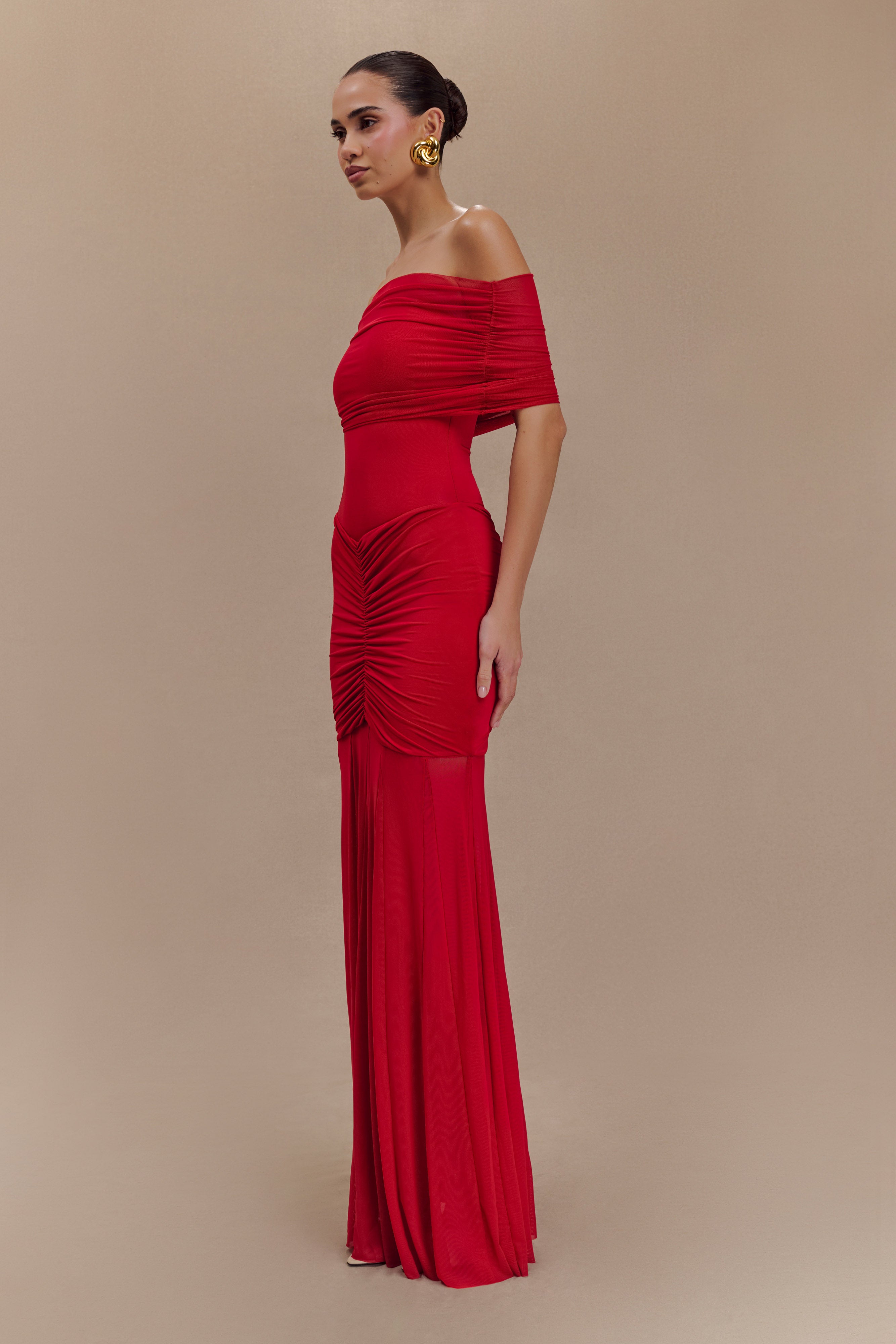 Women’s Off-Shoulder Ruched Maxi Dress | Ruby Mesh Evening Gown with Draped Bodice