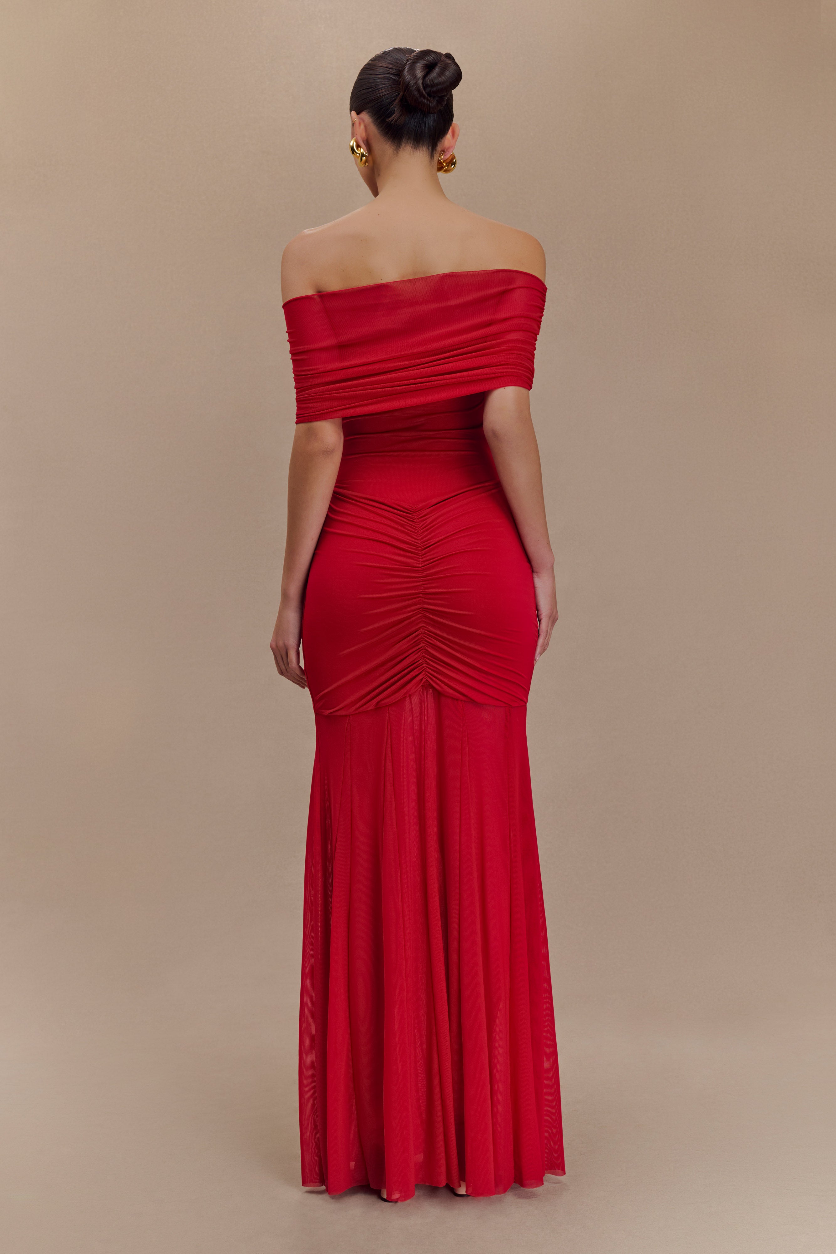 Women’s Off-Shoulder Ruched Maxi Dress | Ruby Mesh Evening Gown with Draped Bodice