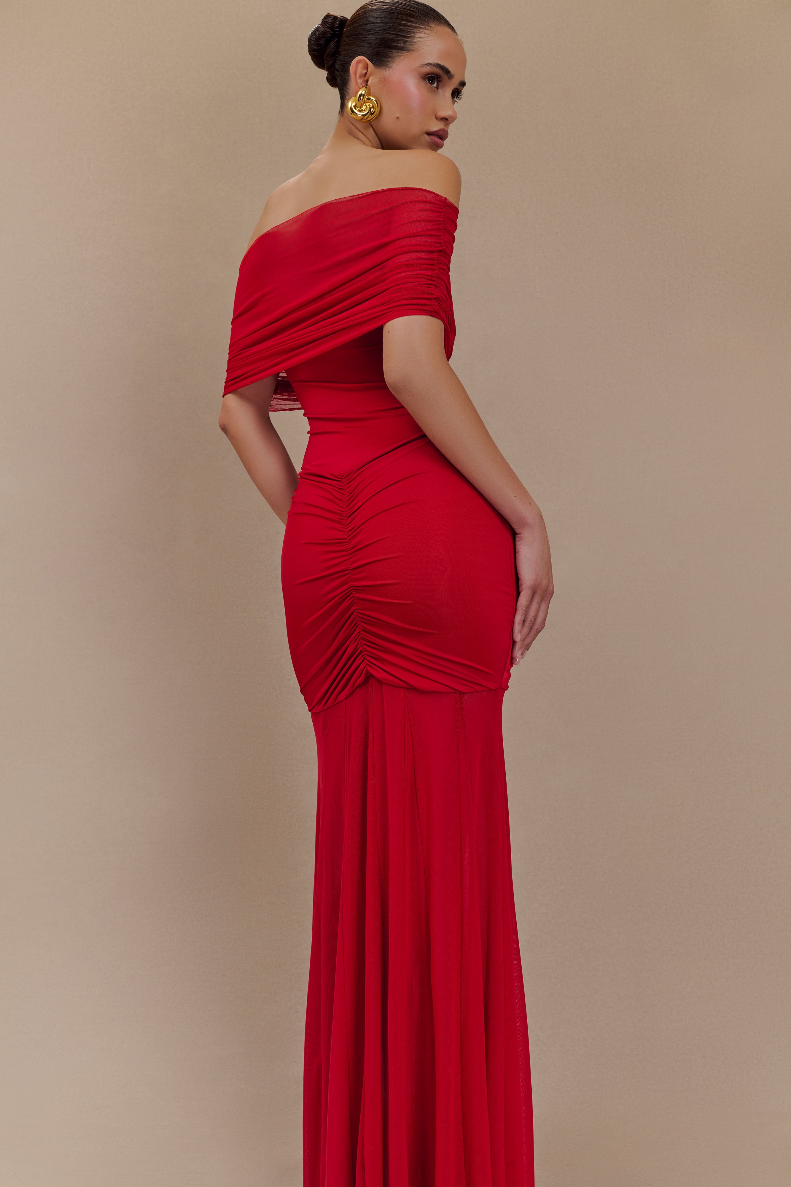 Women’s Off-Shoulder Ruched Maxi Dress | Ruby Mesh Evening Gown with Draped Bodice
