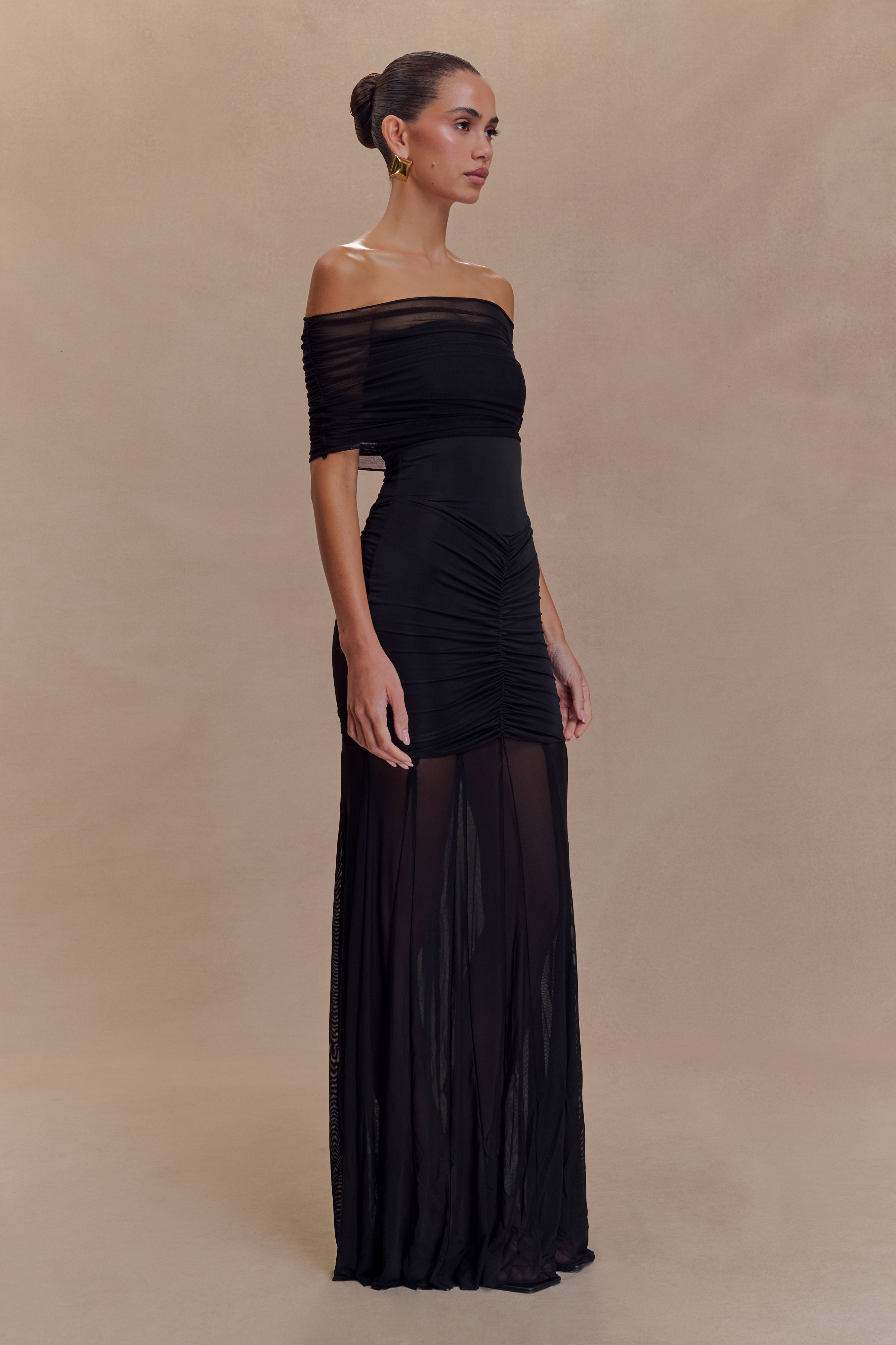 Women’s Off-Shoulder Ruched Mesh Maxi Dress | Black Evening Gown