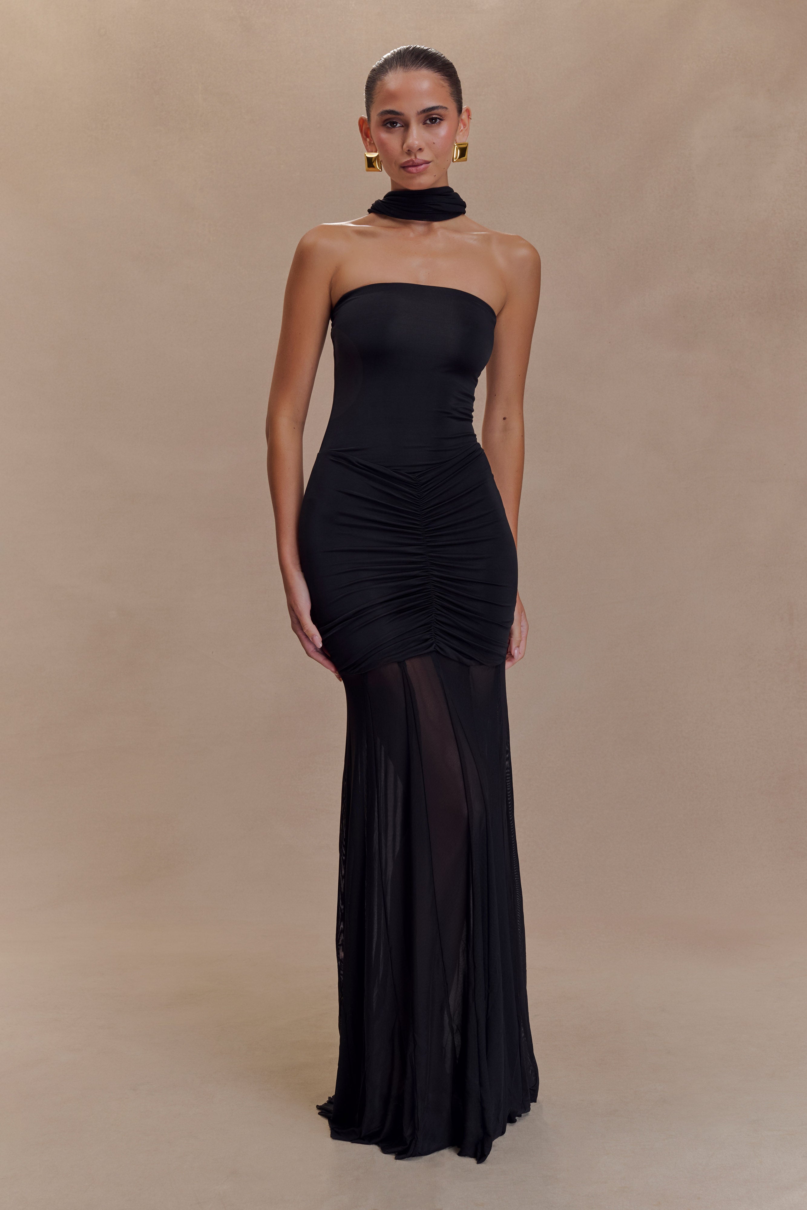 Women’s Off-Shoulder Ruched Mesh Maxi Dress | Black Evening Gown