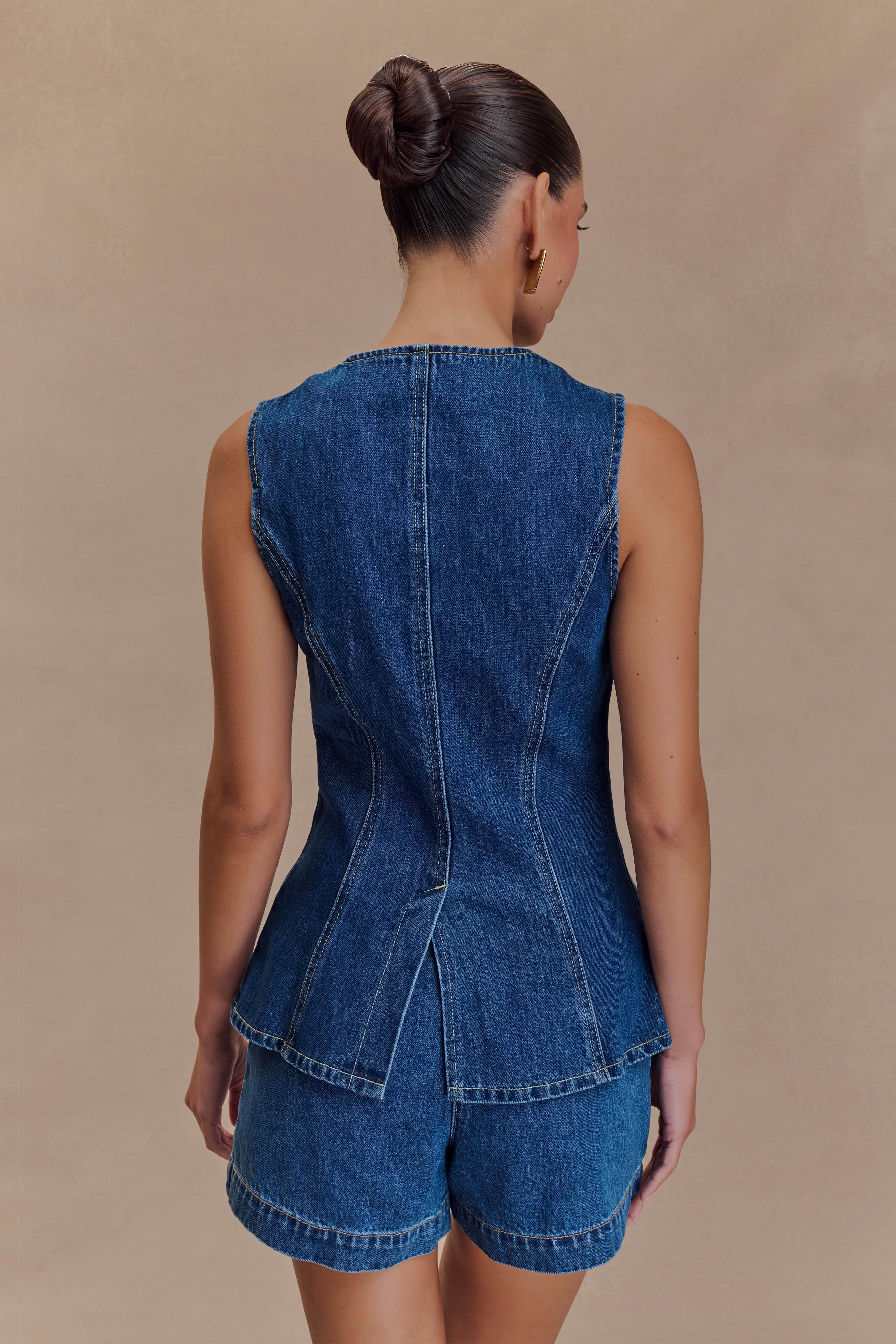 Women’s Sleeveless Denim Peplum Button-Up Top | Dark Blue Wash Tailored Vest