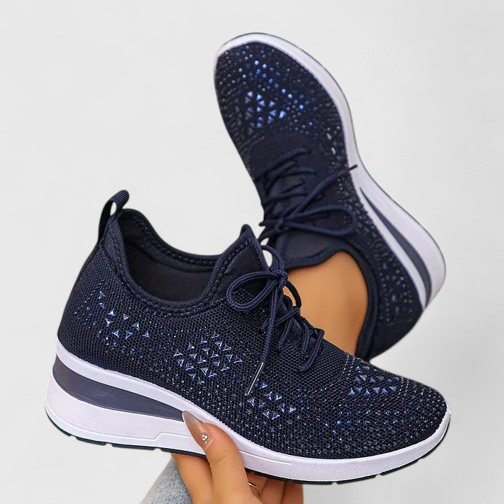 Women's Sneakers Rhinestone Embellished Wedge Lace-Up - Navy