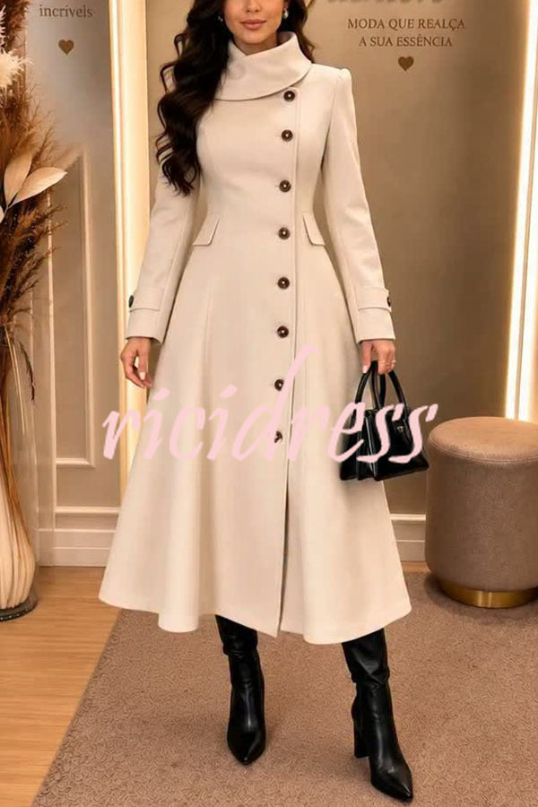 Women's beige flared midi coat with high collar, buttons and flap pockets
