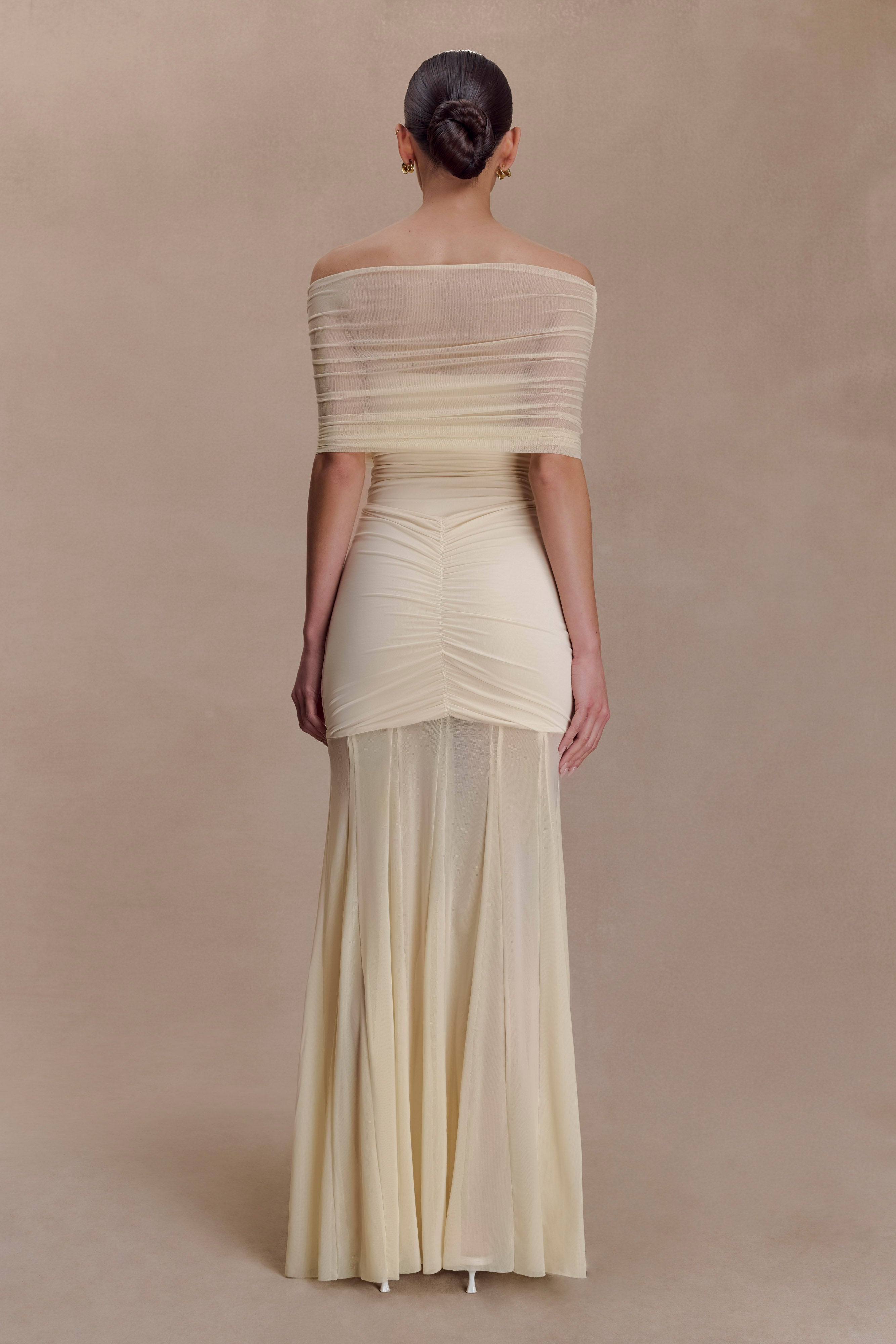 Women’s Off-Shoulder Ruched Mesh Maxi Dress | Champagne Ivory Evening Gown