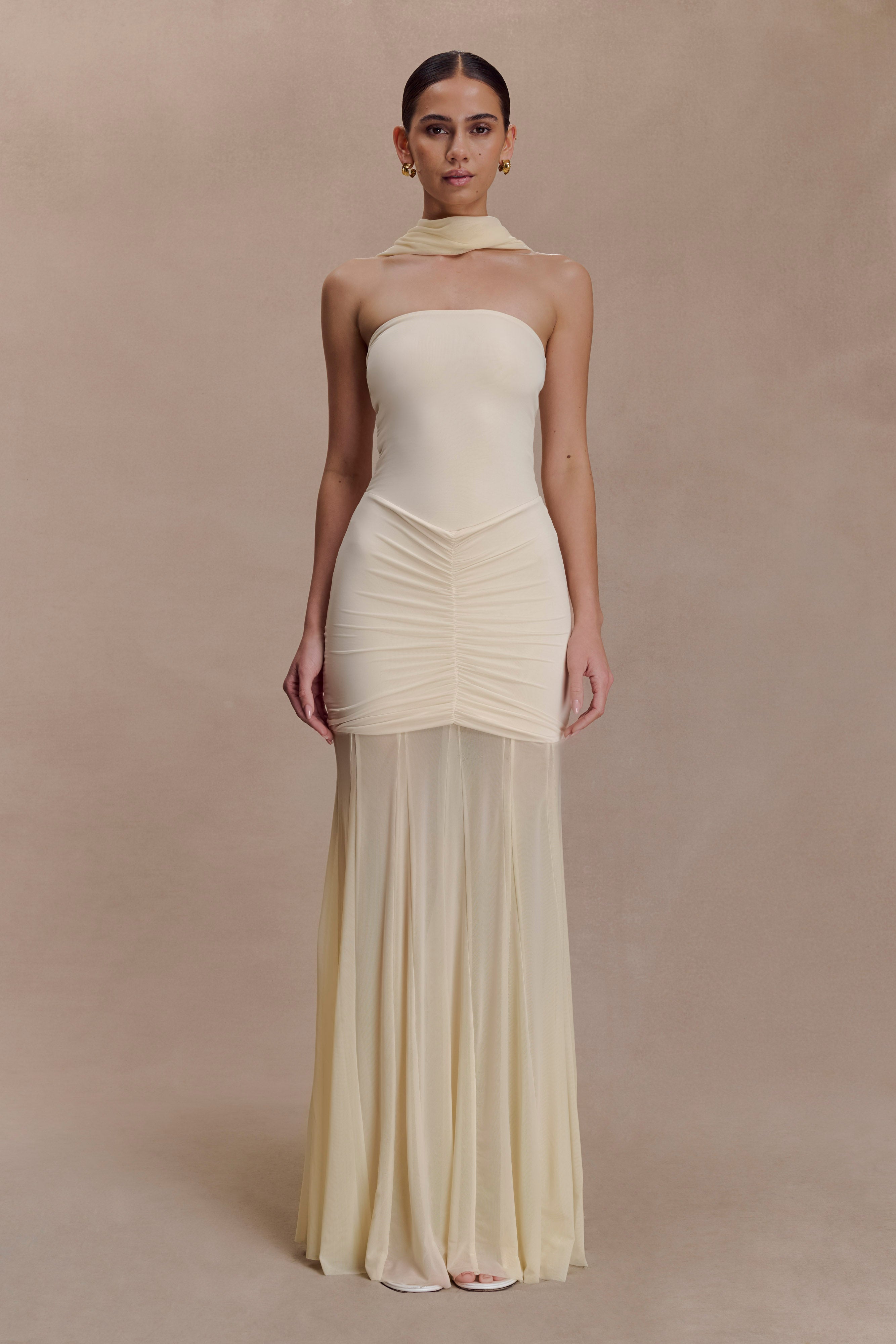 Women’s Off-Shoulder Ruched Mesh Maxi Dress | Champagne Ivory Evening Gown