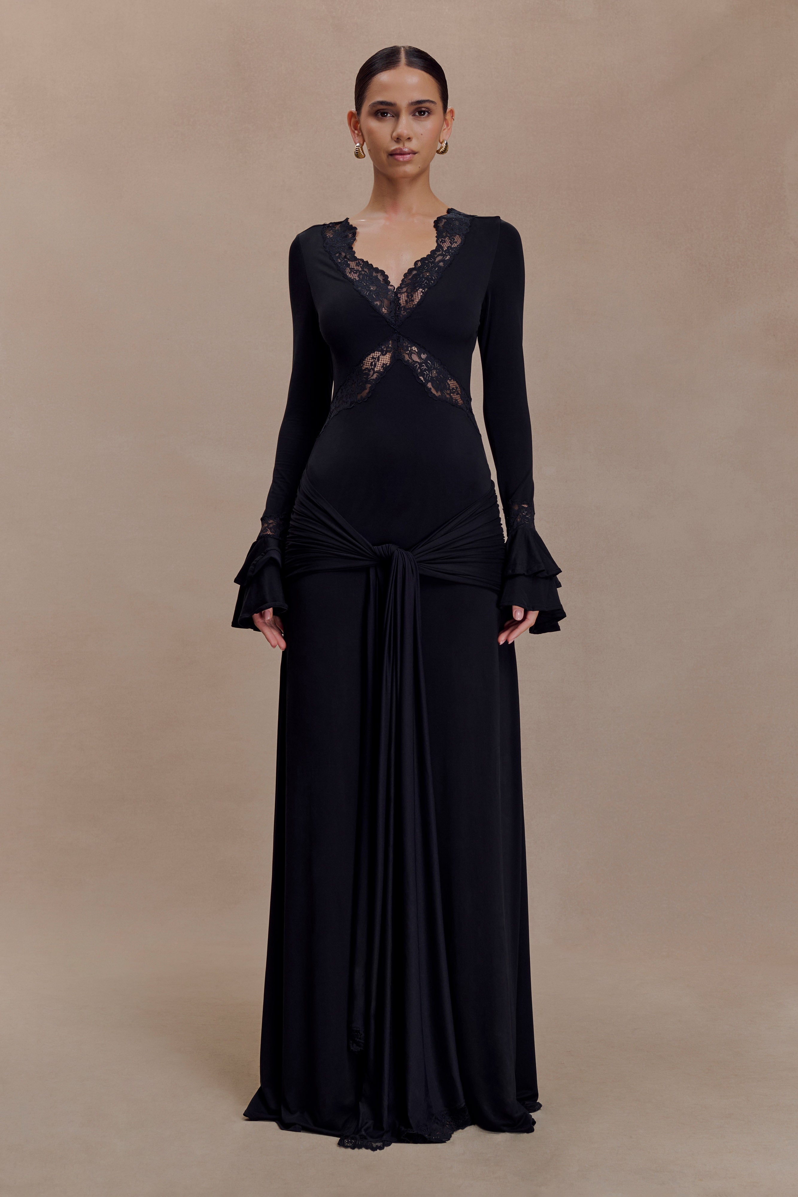 Women’s Lace Sleeve Maxi Dress | Deep V Neck Slinky Evening Gown