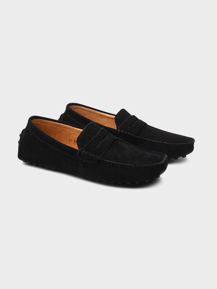 Men's suede boat loafers with moc toe and vamp strap