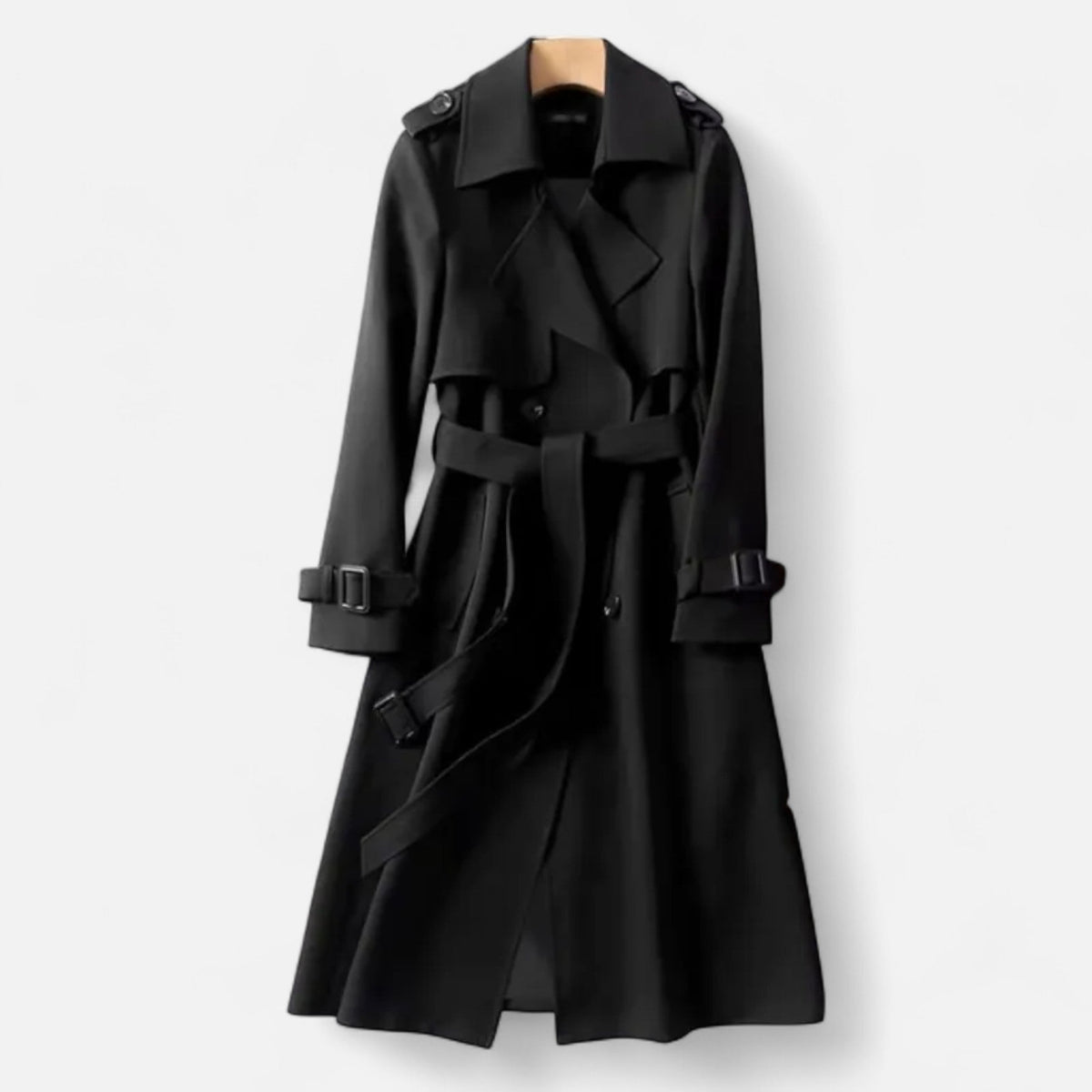 Women's long belted trench coat with wide lapels and adjustable cuff straps