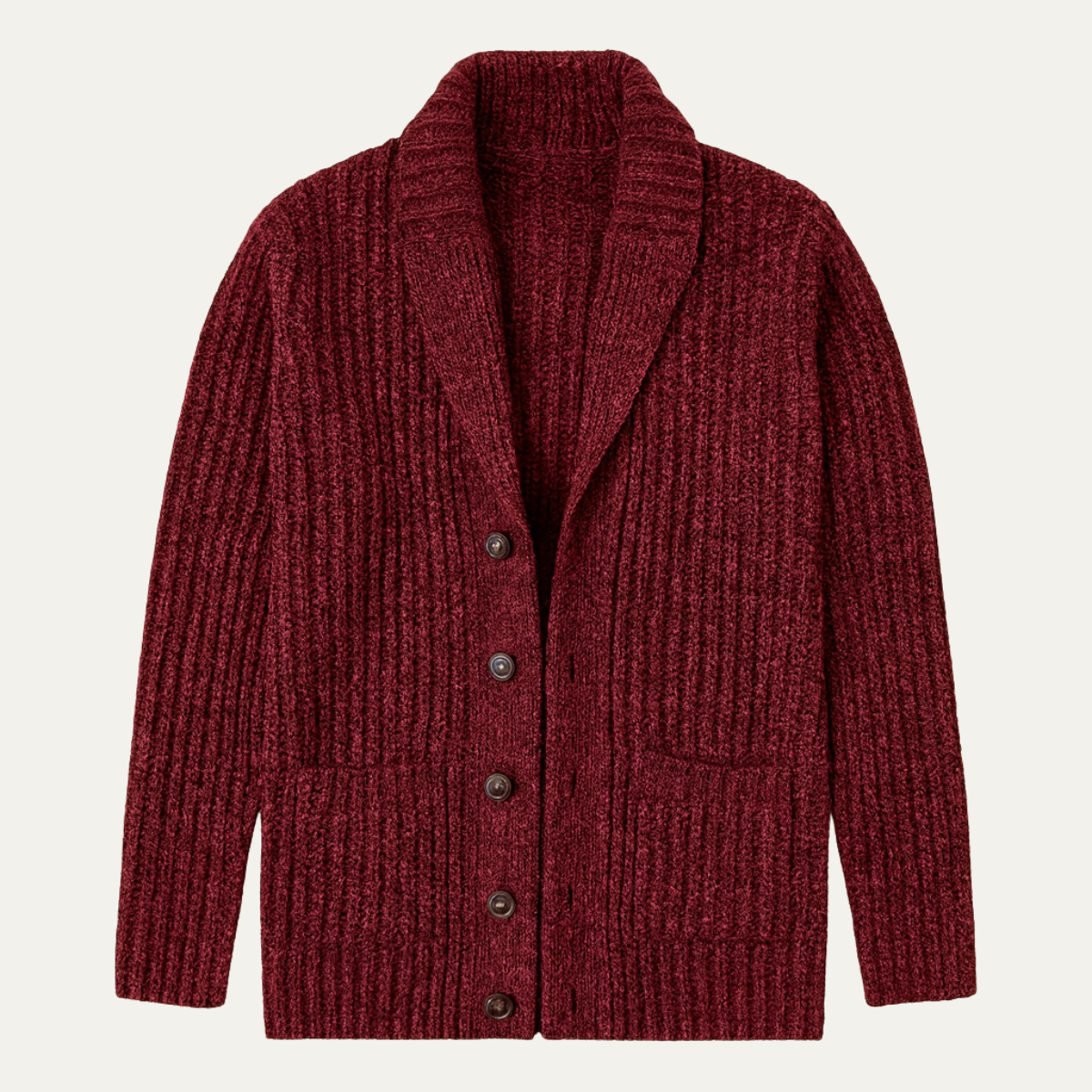 Men's chunky textured knit cardigan with shawl collar and button front