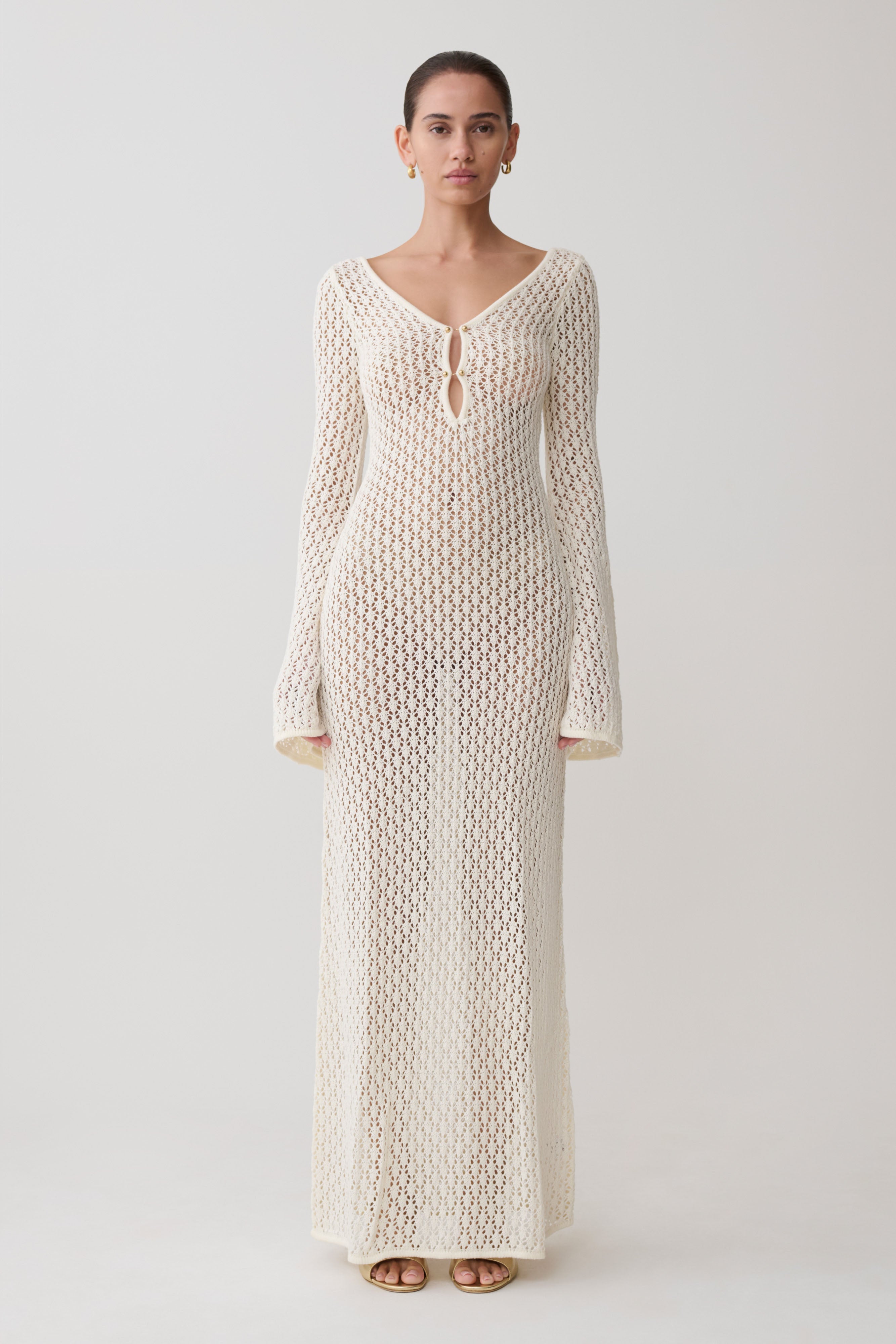 Women’s Crochet Cut-Out Maxi Dress | White Bell Sleeve Resort Dress