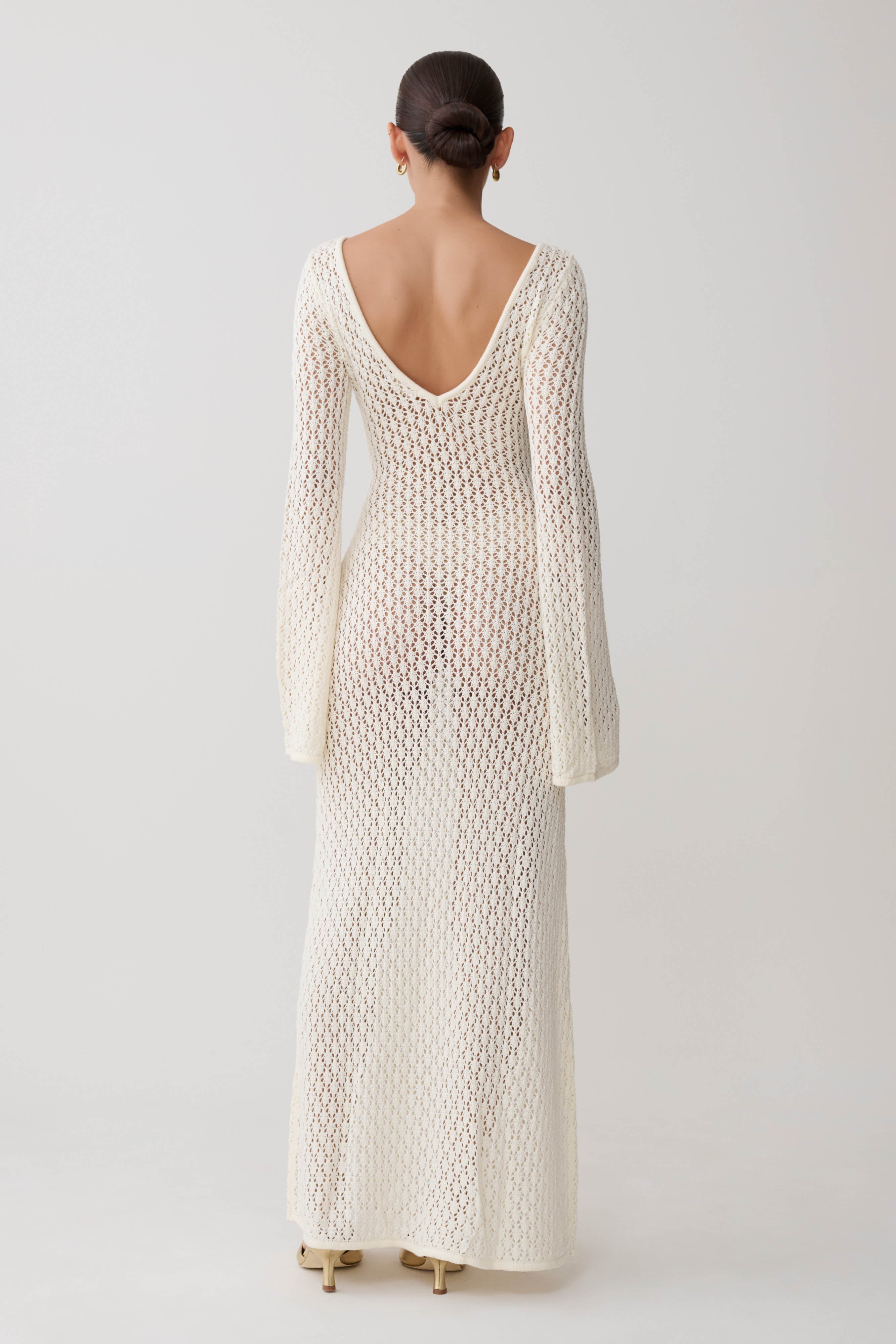 Women’s Crochet Cut-Out Maxi Dress | White Bell Sleeve Resort Dress