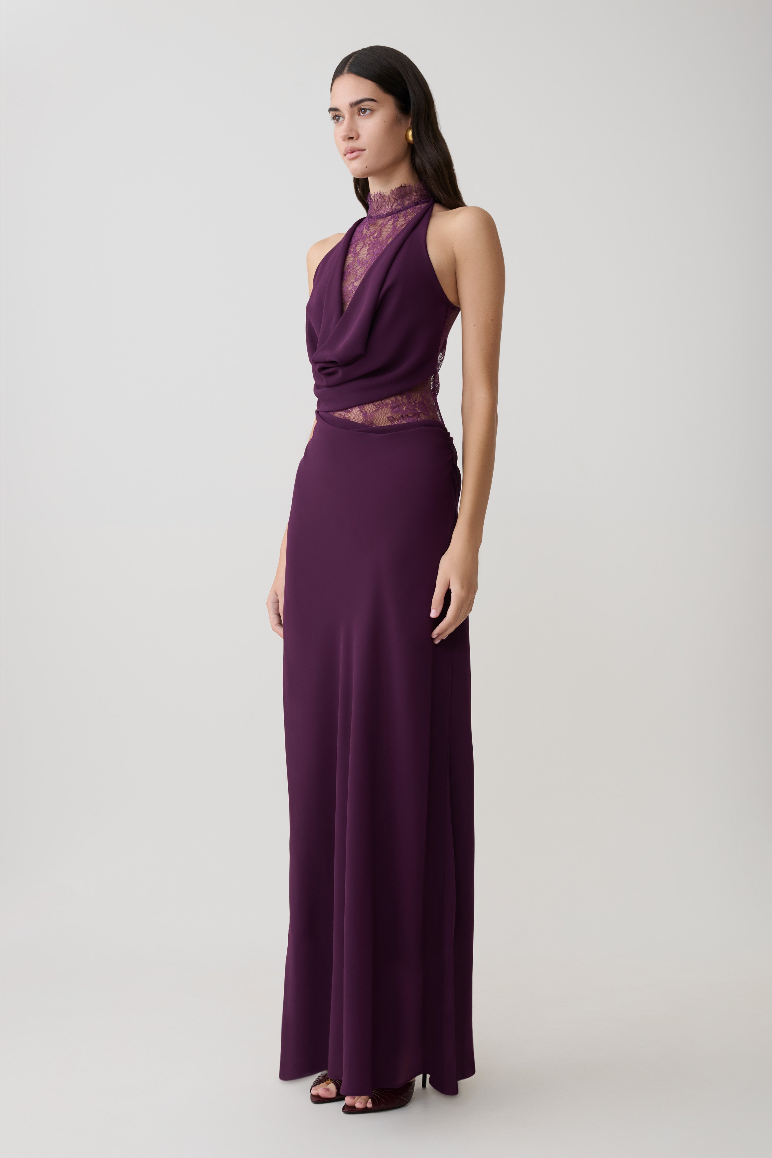 Women’s Lace-Back Halter Maxi Dress | Chiffon Evening Gown with Cowl Neck Detail