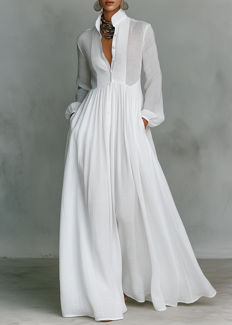 Women’s High-Neck Maxi Shirt Dress | White Button-Front Pleated Flowing Dress