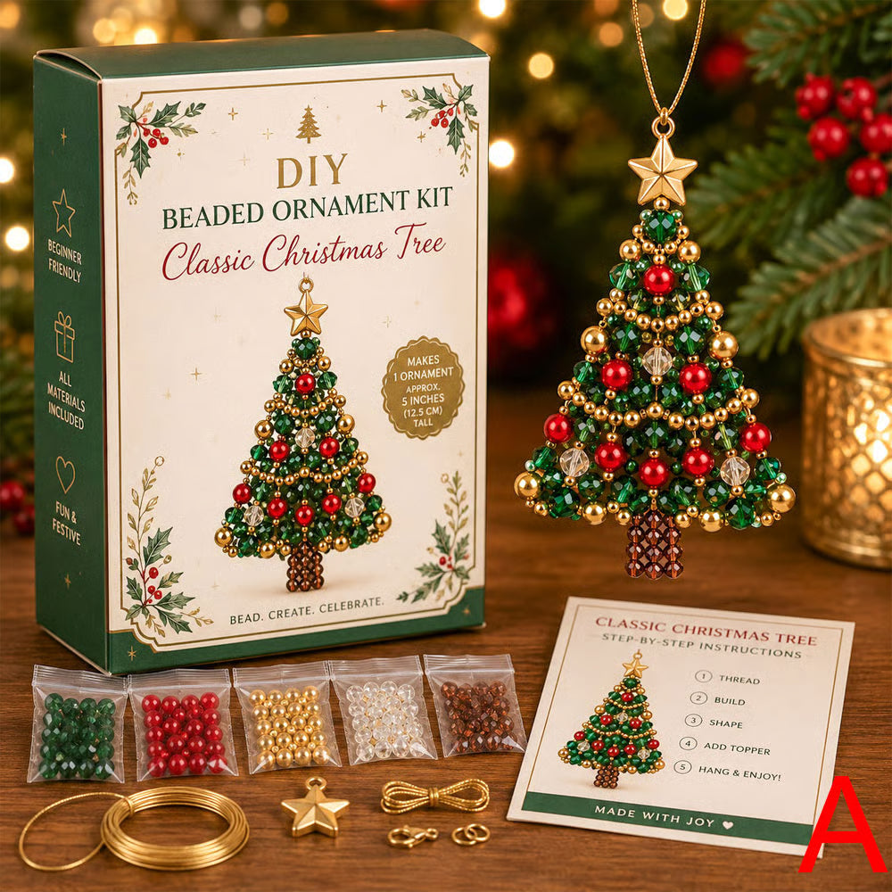 DIY beaded Christmas ornament kits with layered tree and snowflake designs, beads, wire and instructions