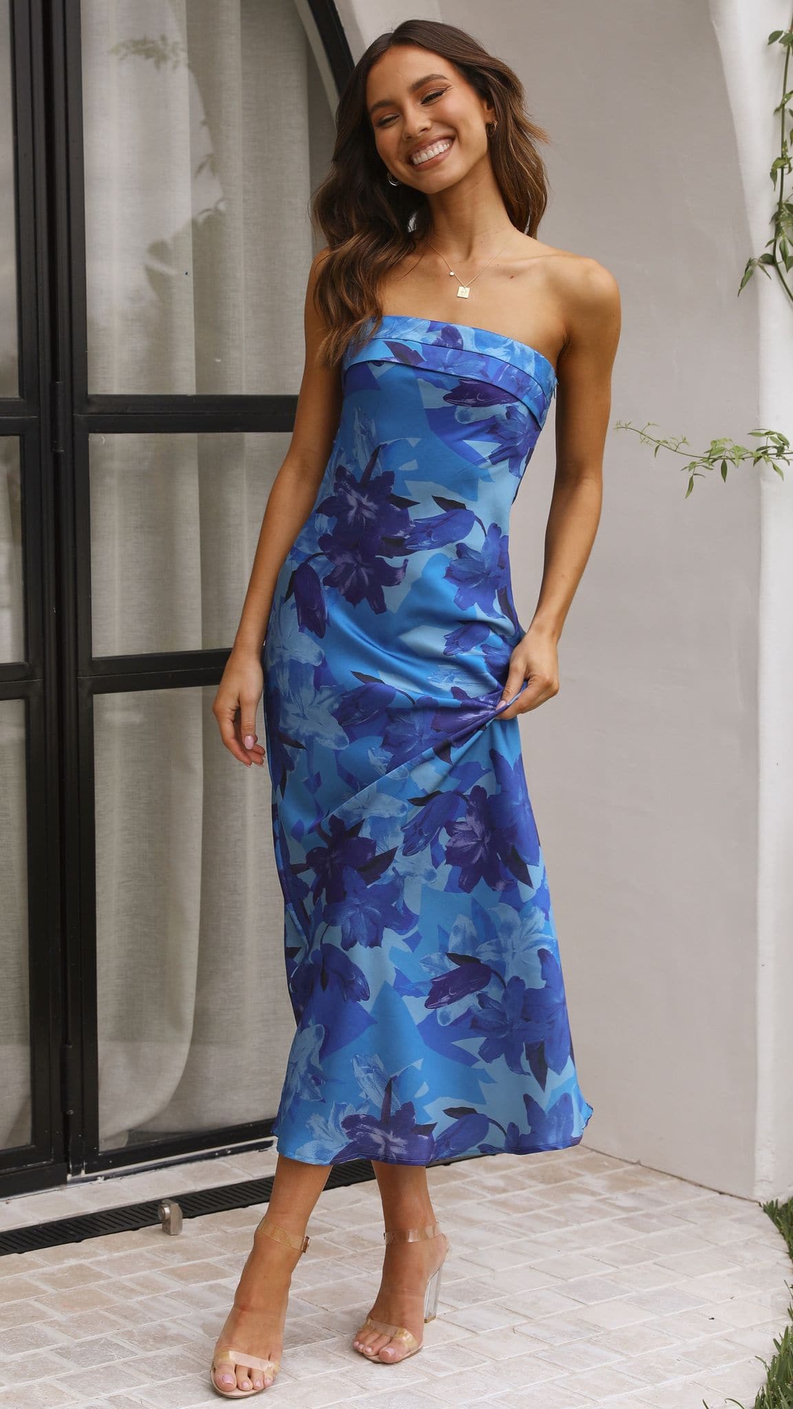 Women's Strapless Maxi Dress Open Back Cowl Detail Structured Fit | Floral Blue