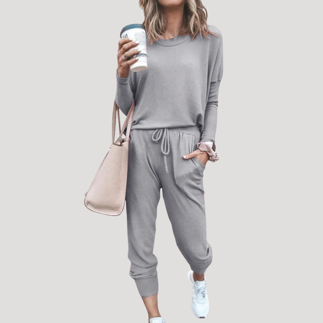 Women's two-piece lounge set with long-sleeve crew-neck top and drawstring jogger trousers
