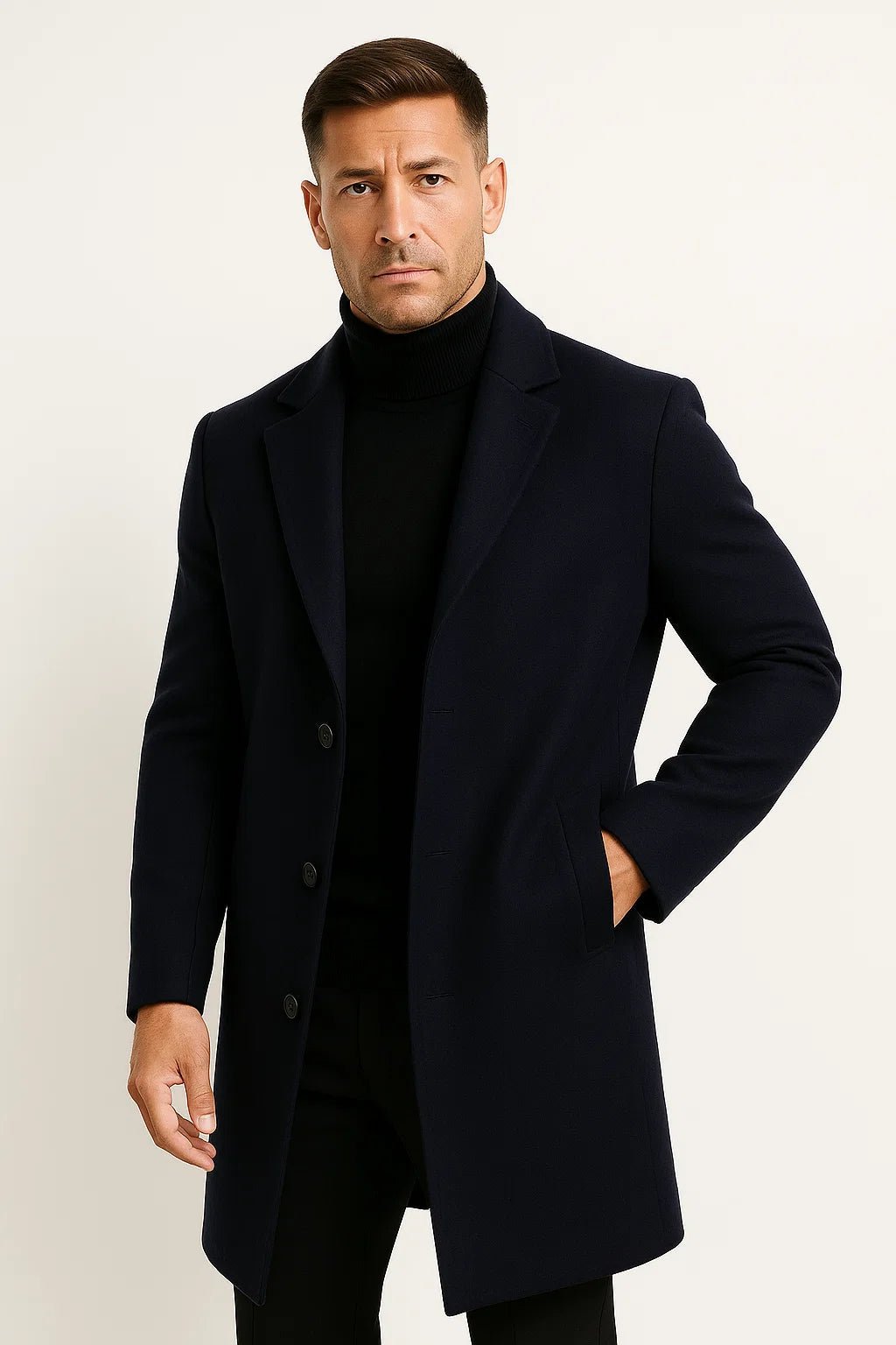 Men's longline trench coat with notched lapels and button front