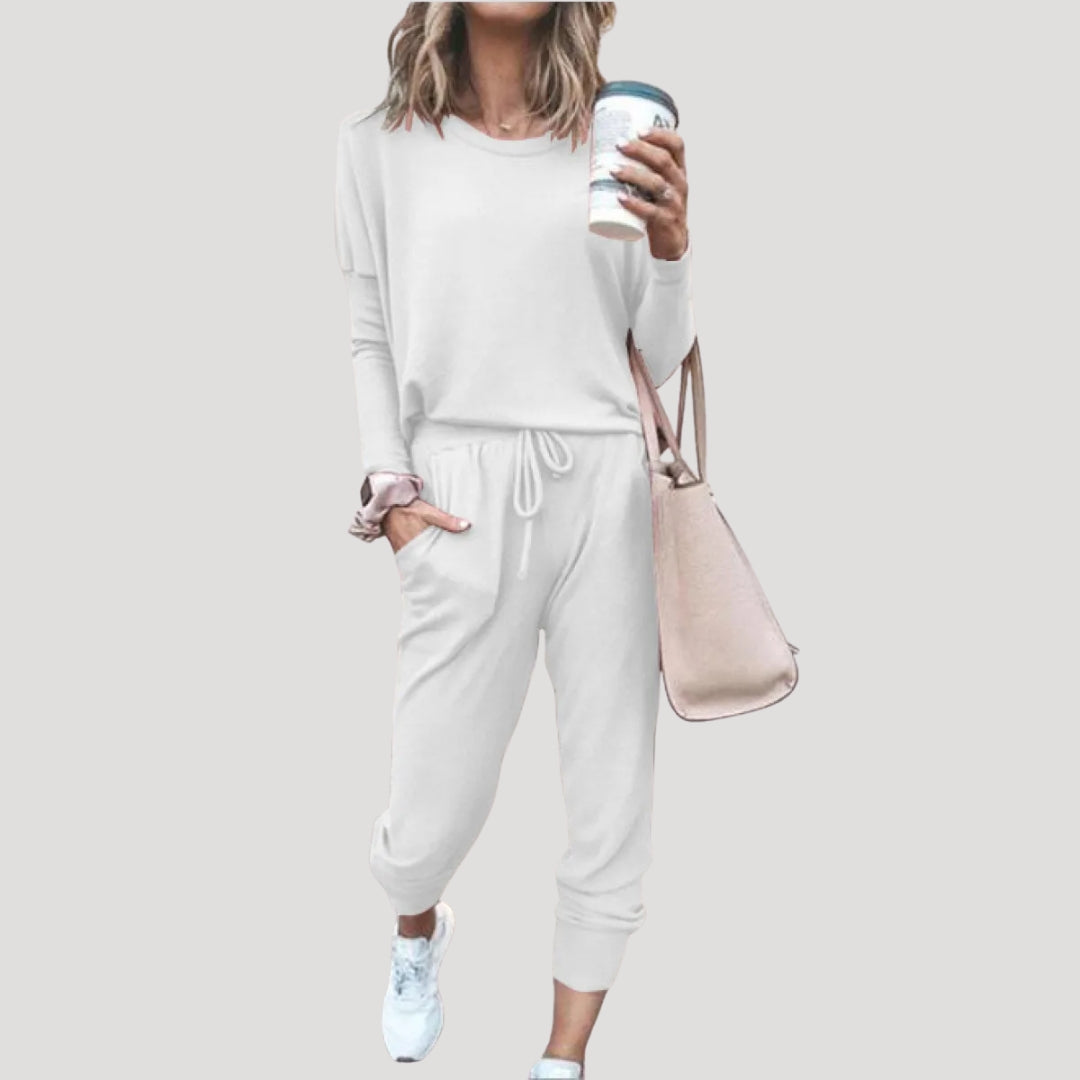 Women's two-piece lounge set with long-sleeve crew-neck top and drawstring jogger trousers