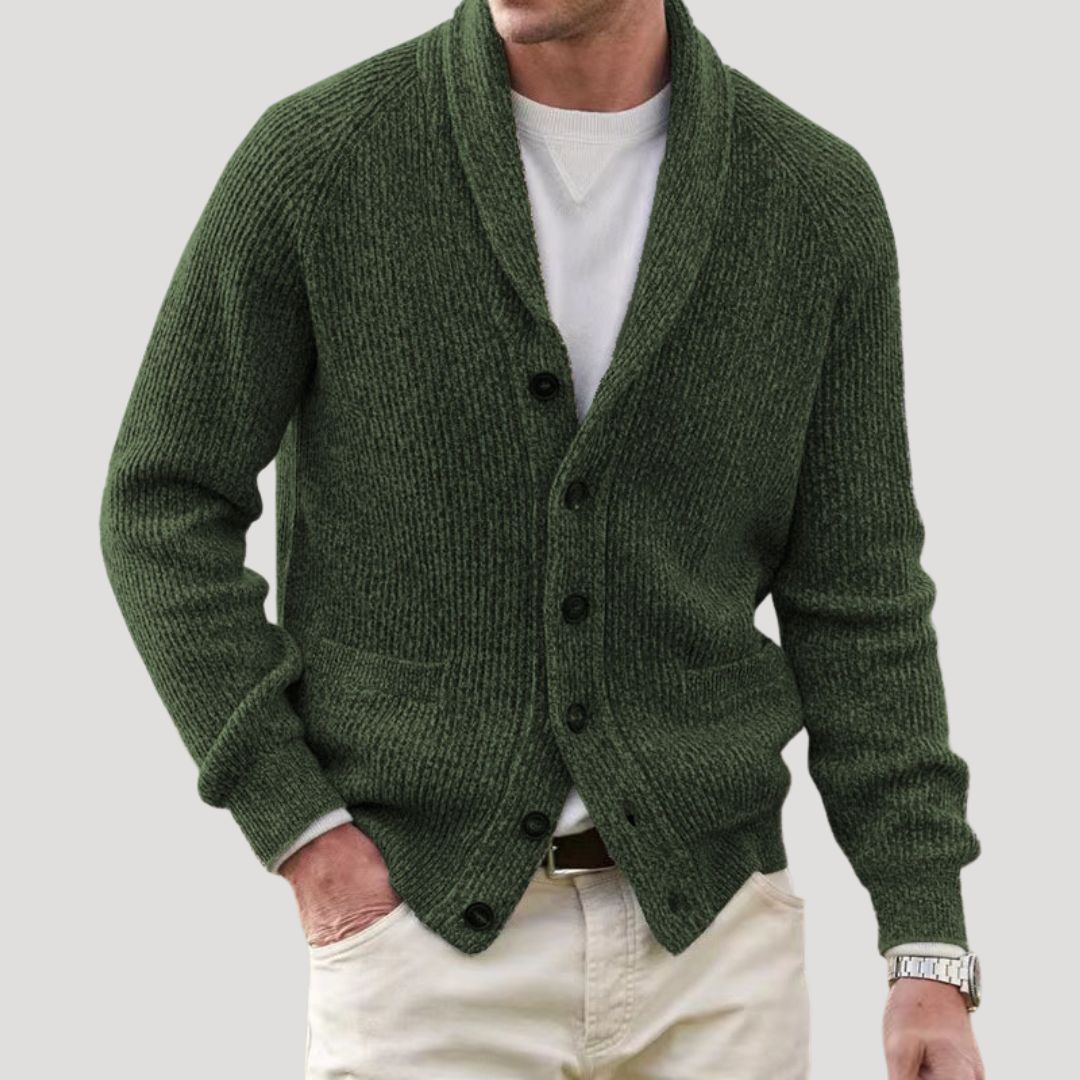 Men's ribbed knit cardigan with shawl collar, button front and long sleeves