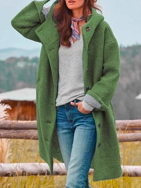 Women's hooded longline coat with button front, long sleeves and large pockets