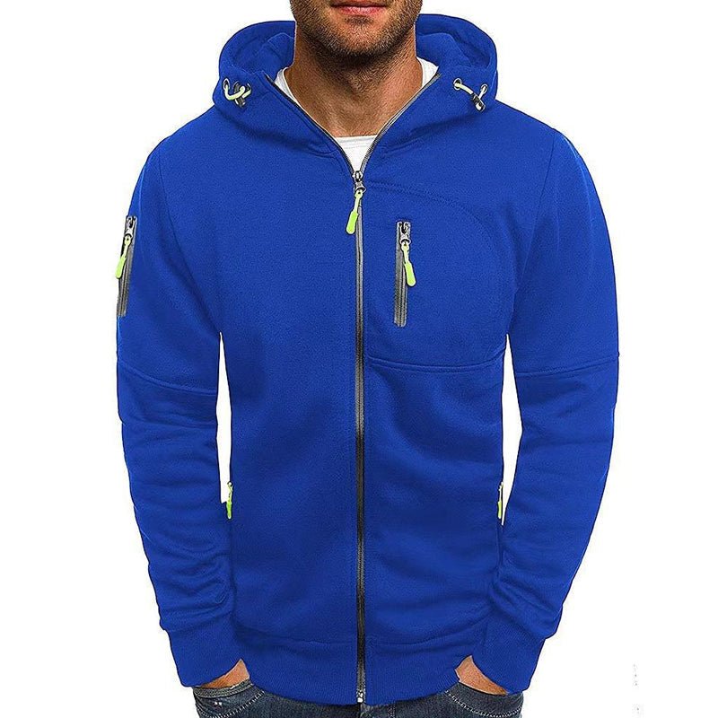 Men's hooded zip-up jacket with multiple zipped pockets and long sleeves
