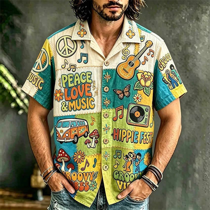 Men's short-sleeve patchwork shirt with peace, love and music illustrations