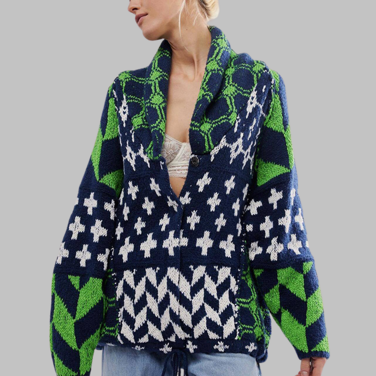 Women's oversized multi-patterned cardigan with shawl collar and button front
