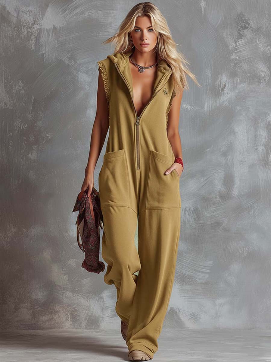 Women's Zip Jumpsuit Hooded Sleeveless Relaxed Fit Utility