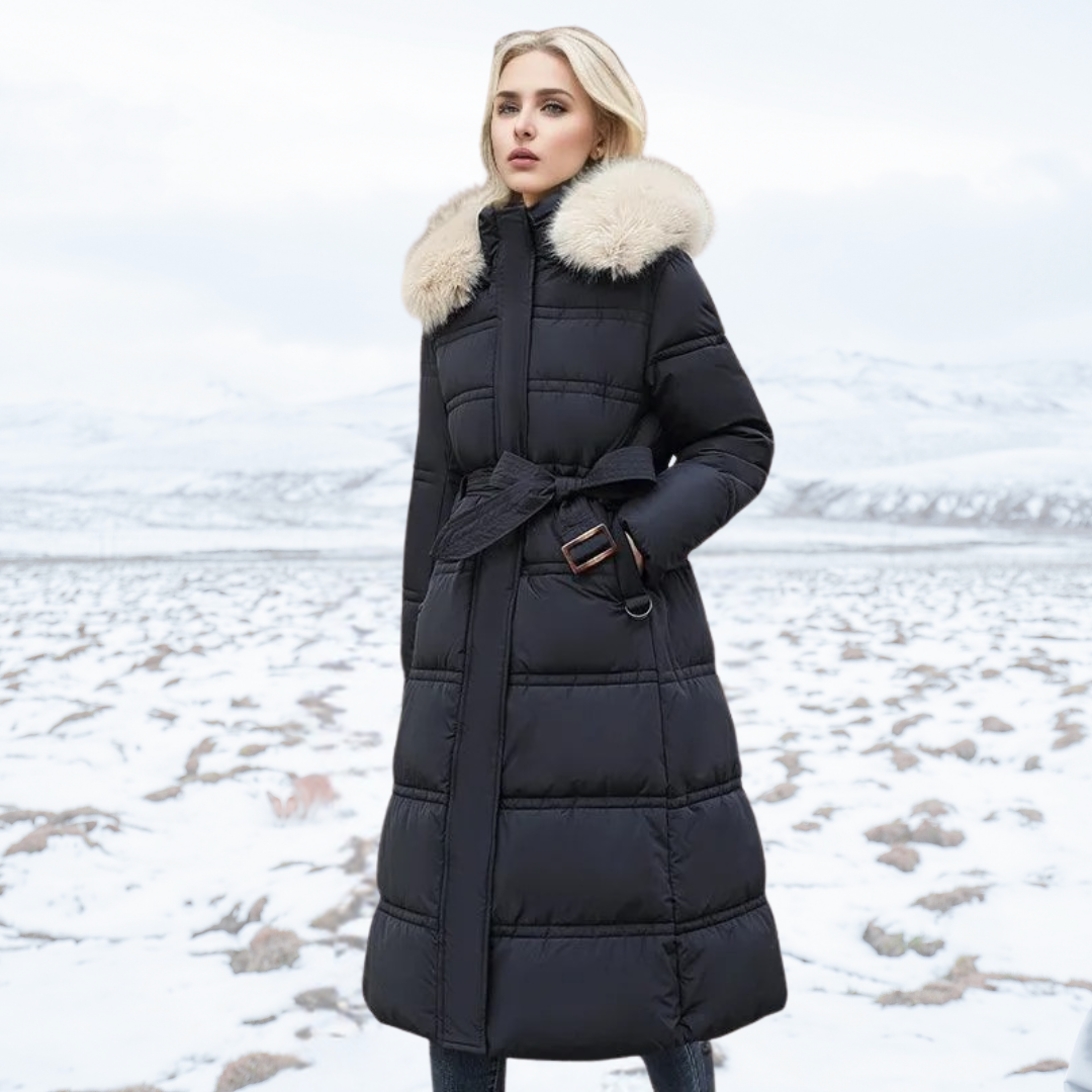 Women's long quilted hooded coat with fur-style trim