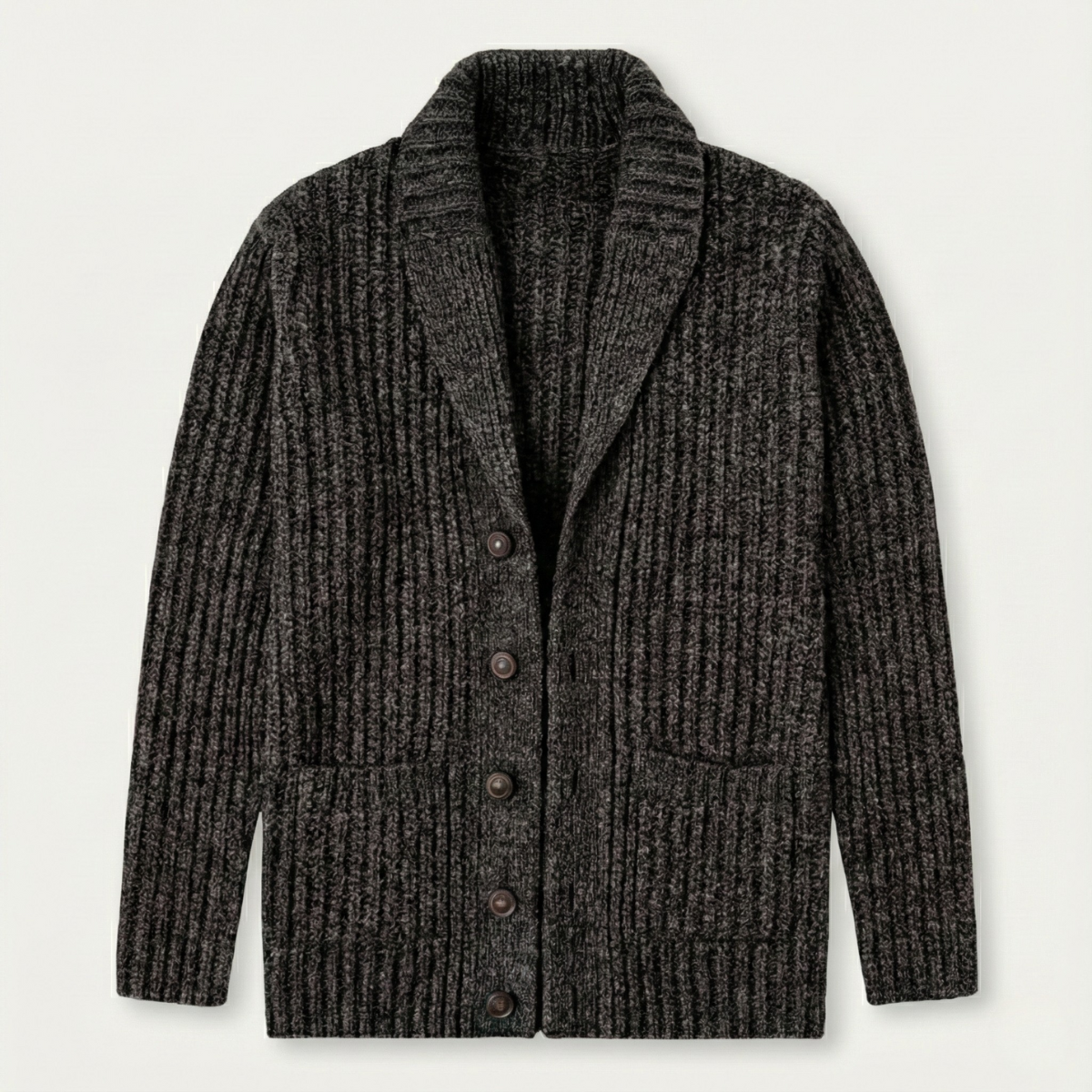 Men's chunky textured knit cardigan with shawl collar and button front