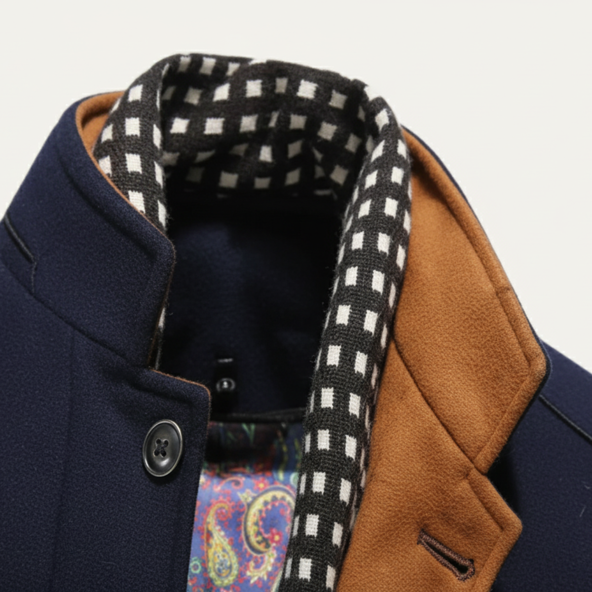 Men's structured trench coat with stand collar and long sleeves