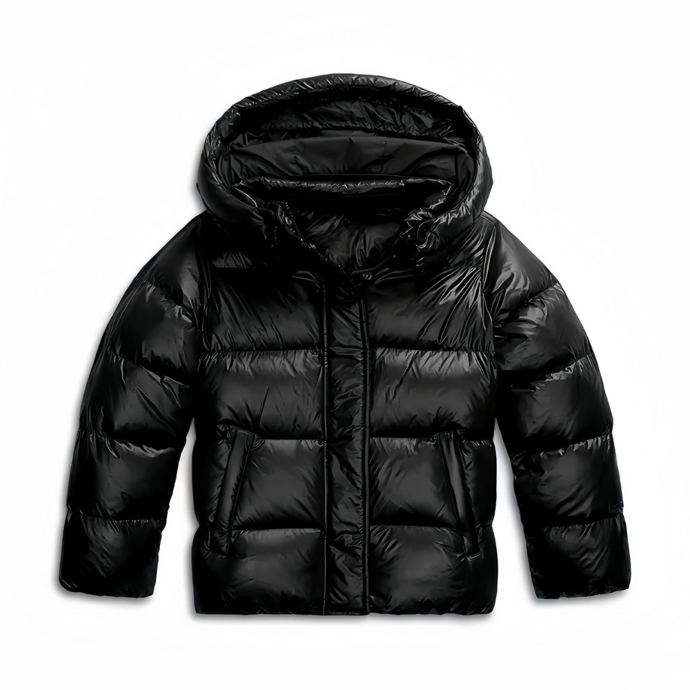 Women's hooded quilted puffer jacket with long sleeves and front pockets