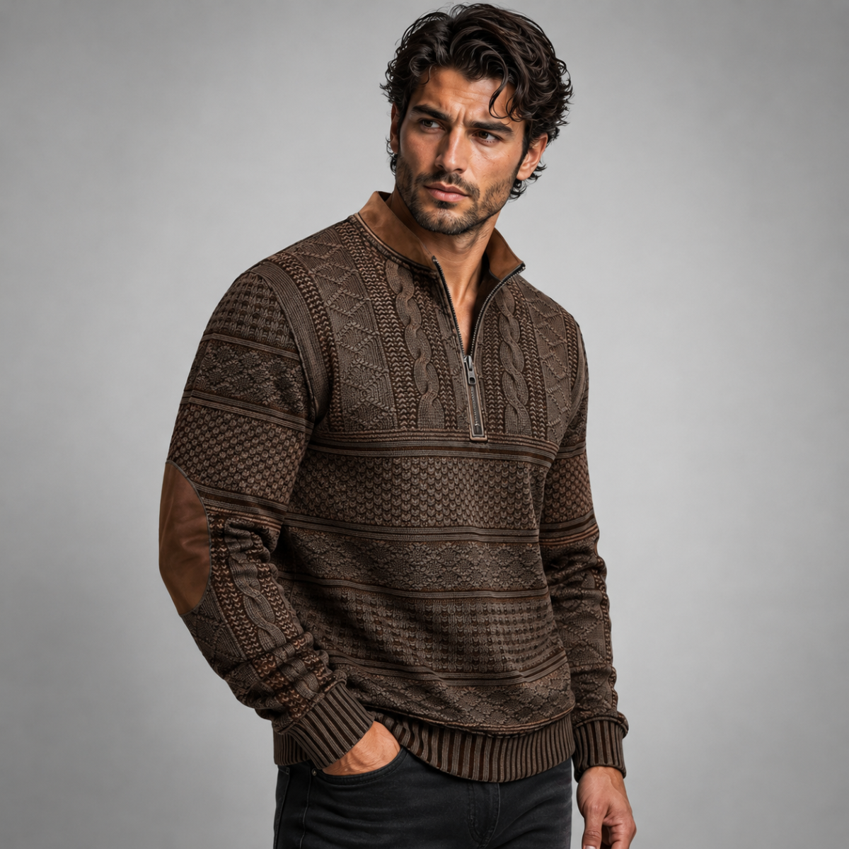 Men's textured patterned half-zip sweater with elbow patches and ribbed trims