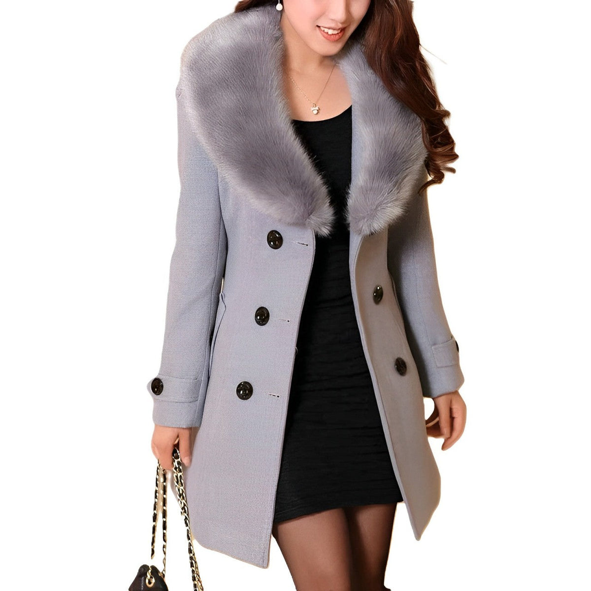 Women's button-front coat with a wide textured collar and long sleeves